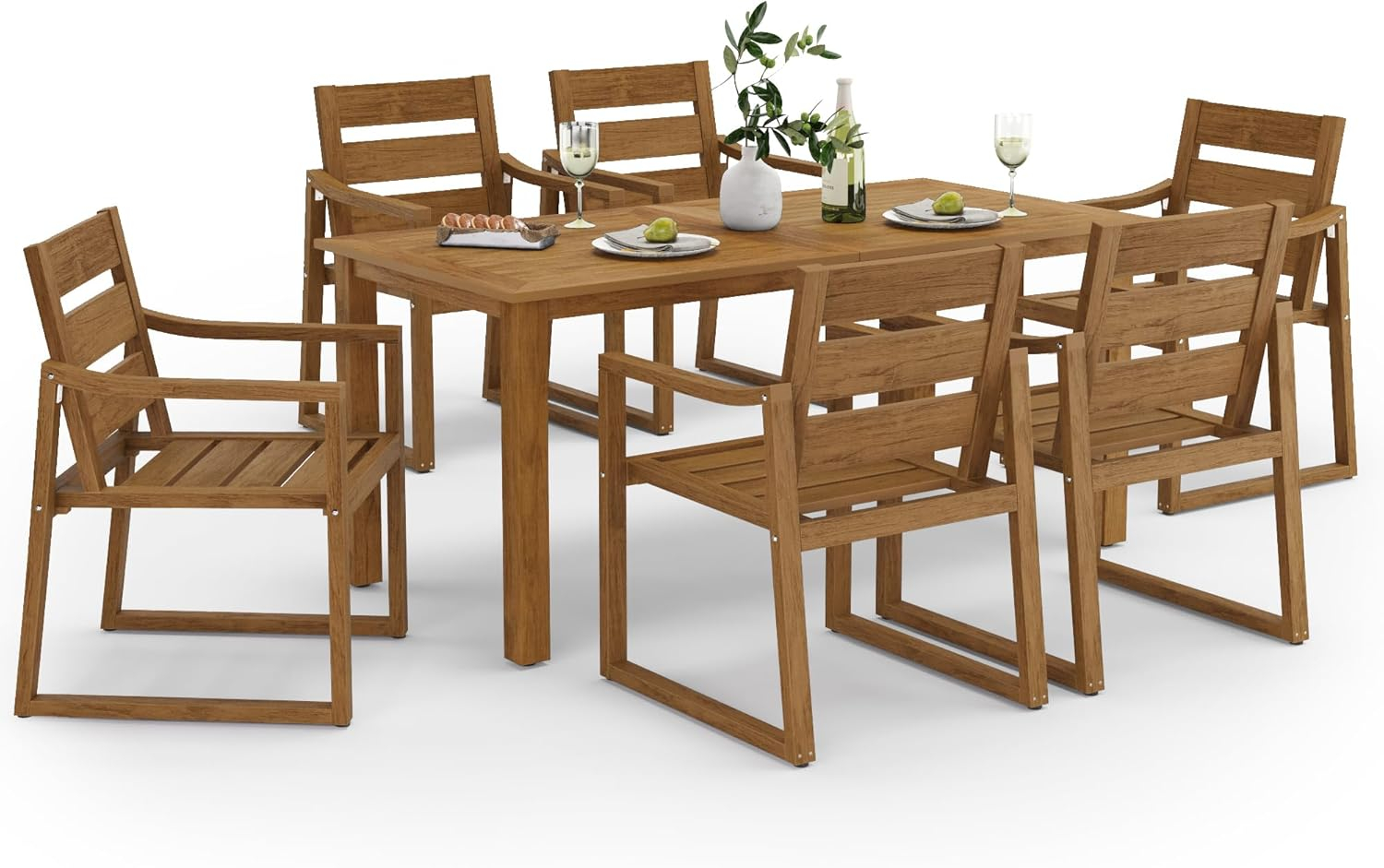 7-Piece Brown Recycled Plastic HDPS Outdoor Dining Set All Weather Indoor Outdoor Patio Table and Chairs with Armrest