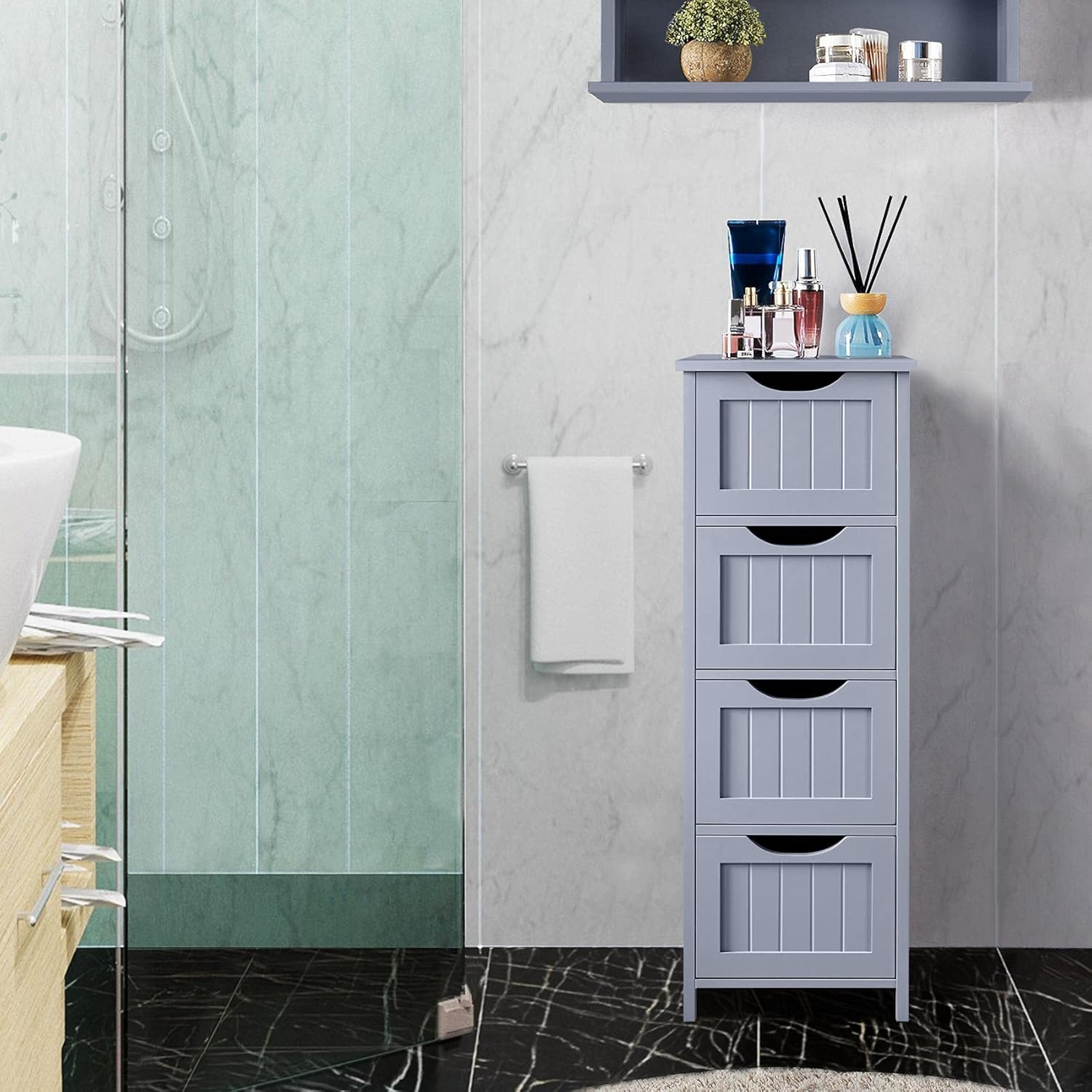 Yaheetech  Bathroom Floor Cabinet Slim Bath Cabinet with 4 Drawers Grey