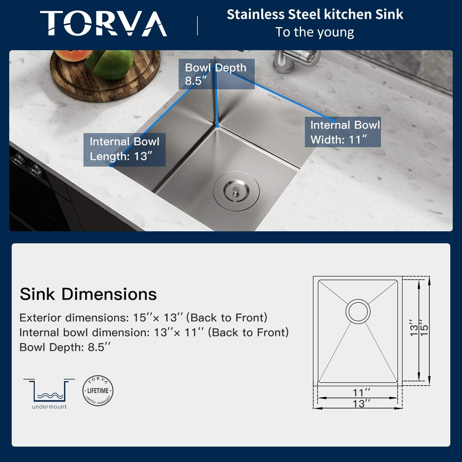 TORVA 13 x 15 Inch Undermount Kitchen Sink, Premium 304 Stainless Steel Bar Sink - 8 Inches Deep Basin Single Bowl Sink