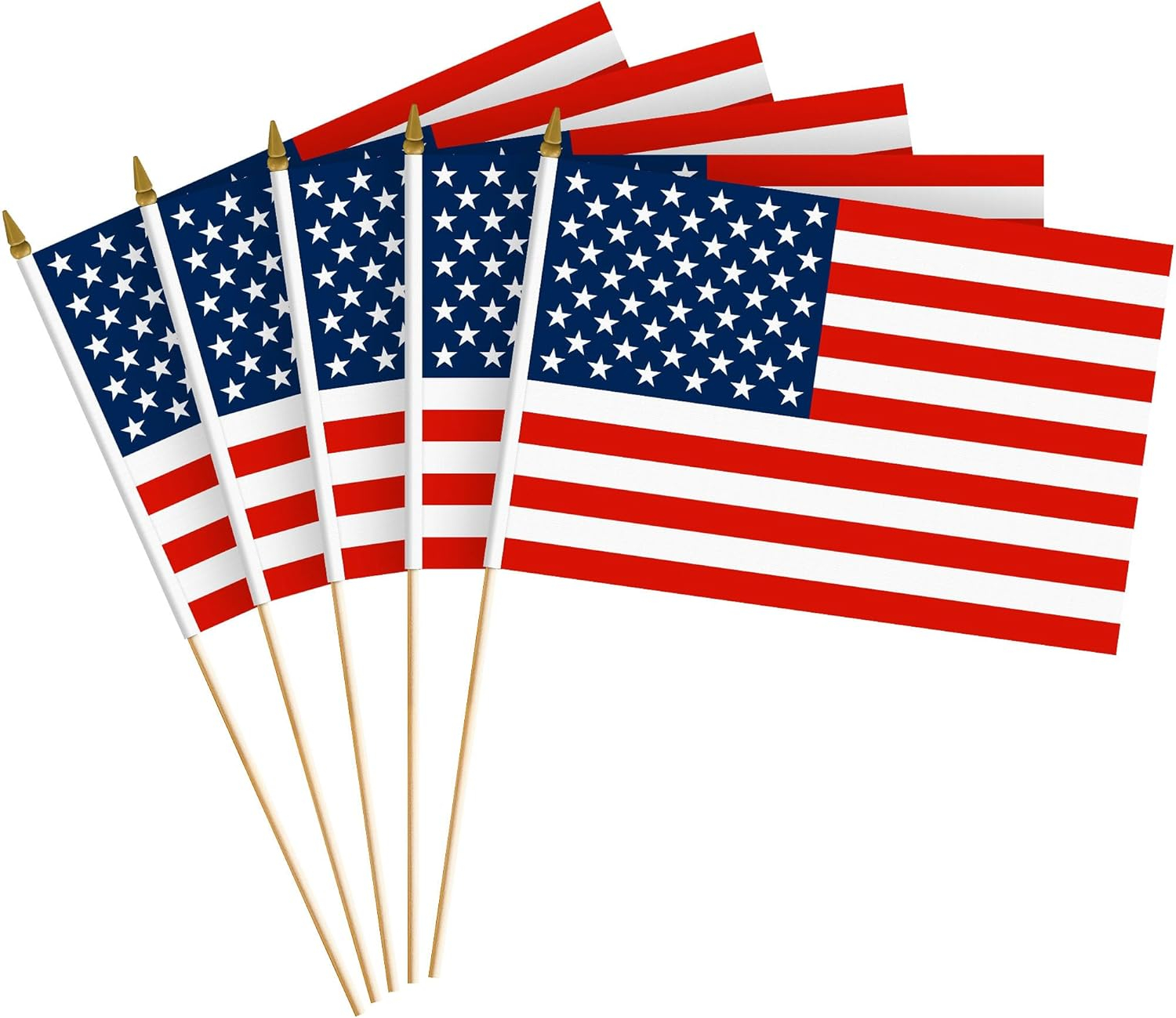 G128 12 Pack Handheld American USA Stick Flags | 8x12 In | Printed 150D Polyester, Country Flag, Solid Wooden Stick, Spear Gold Tip, Great for Patriotic Decorations