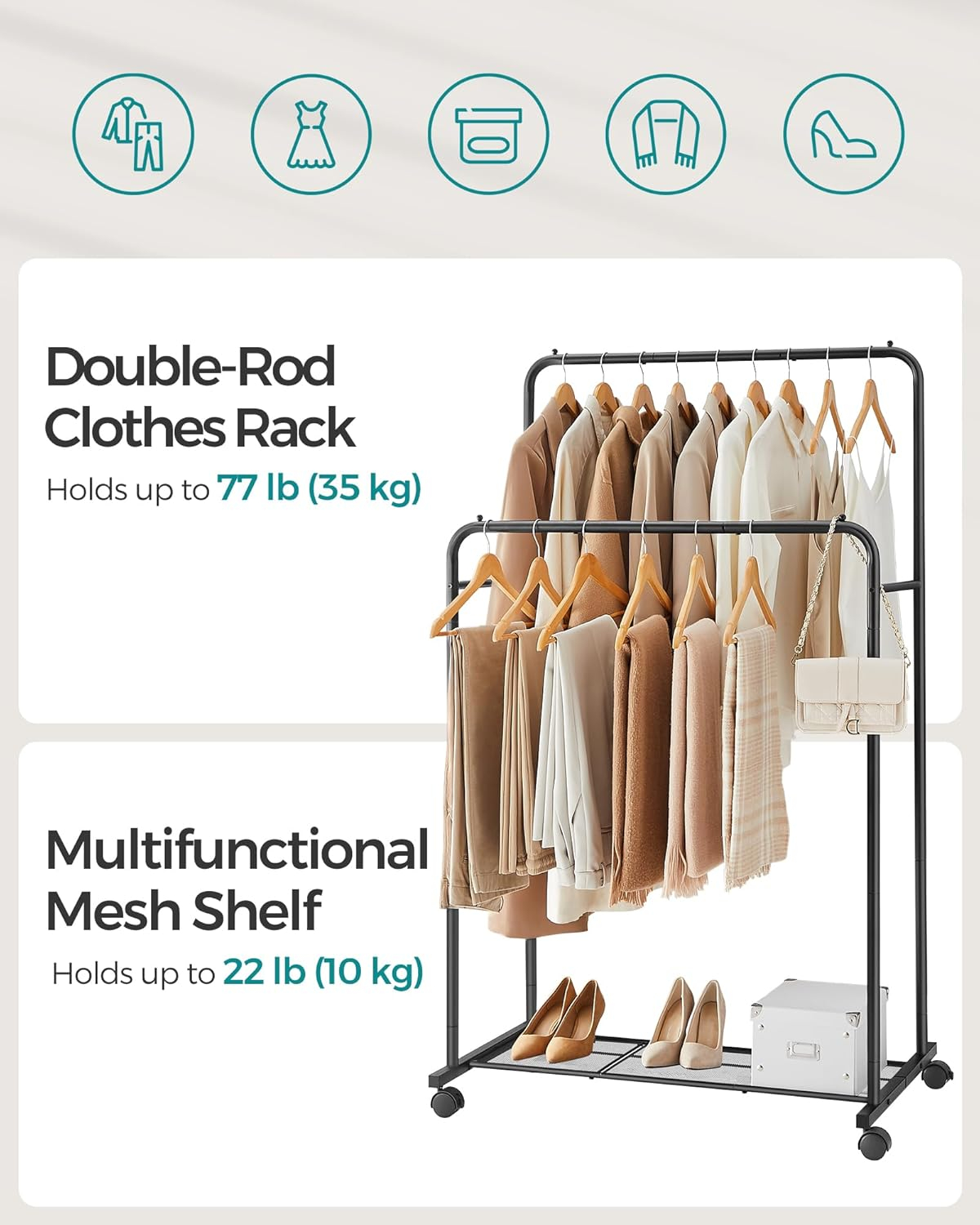 Black Steel Double Rod Portable Clothes Rack with Mesh Shelf