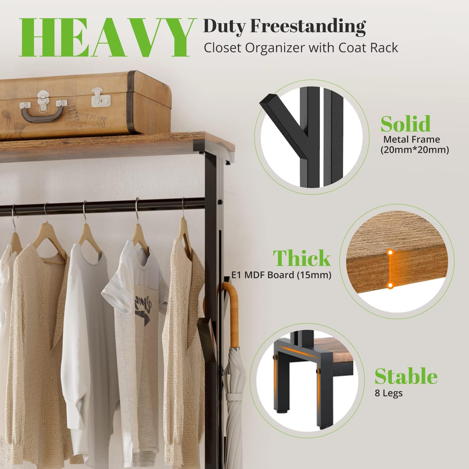 HOKEEPER Heavy Duty Extra Large Freestanding Closet Organizer With Coat Rack - Metal Wardrobe for Hanging Clothes, Storage Shelves, and Garment Rack for Bedroom