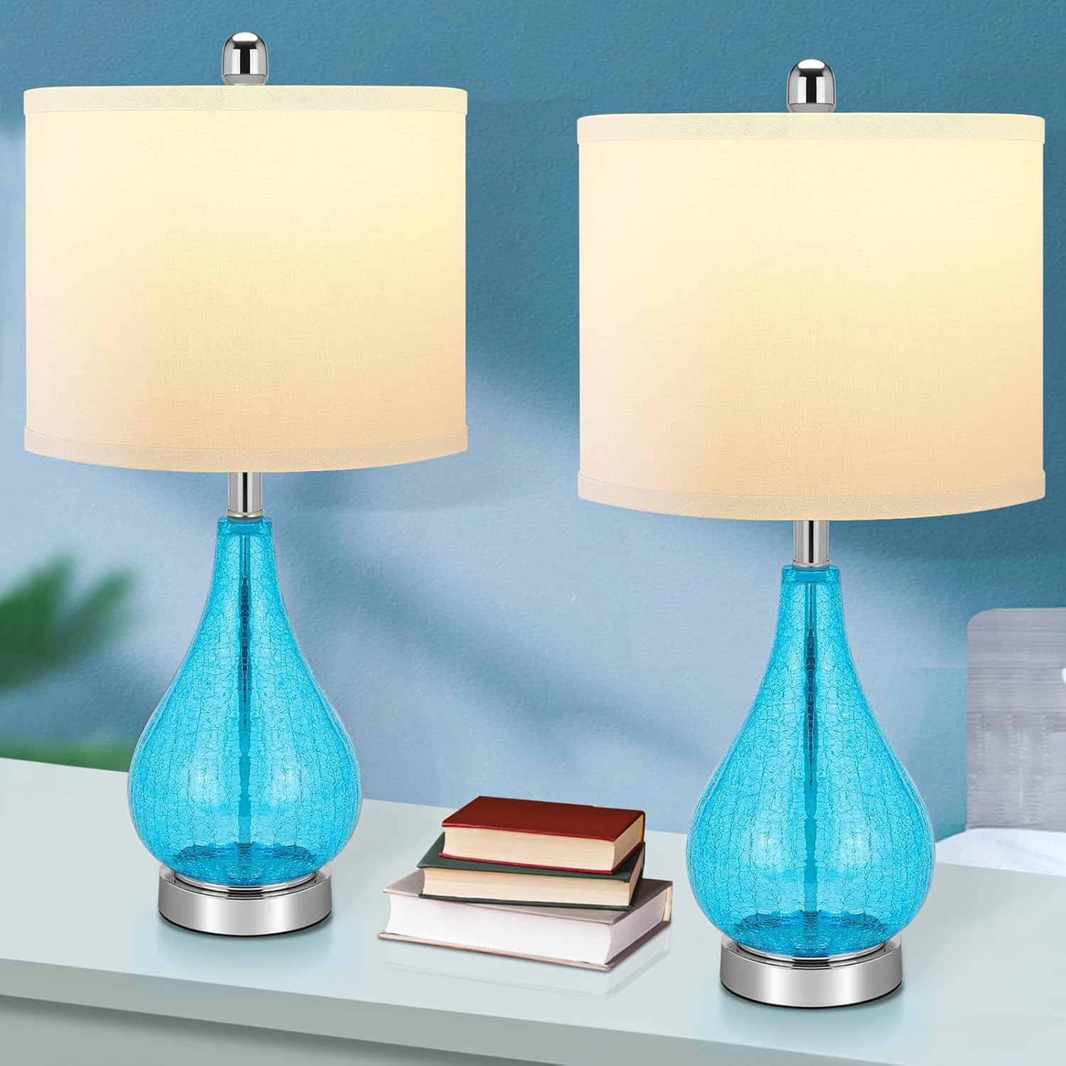 Glass Table Lamps Set of 2, Modern 23.5” Blue Cracked Glass Bedside Lamps, for Bedroom Living Room Home Office Desk Nightstand Table Lamp