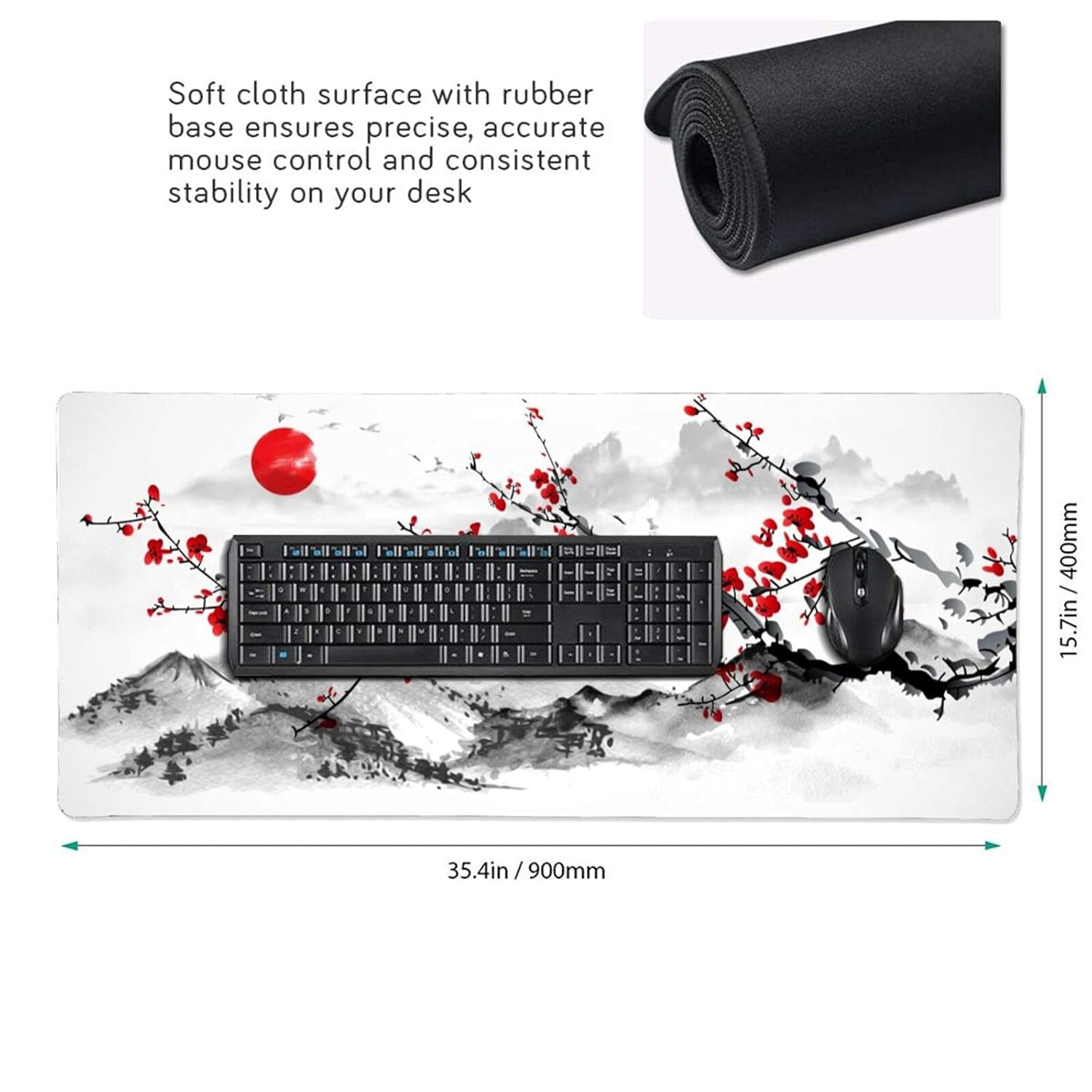 Extended Large Gaming Mouse Pad 35.4 X 15.7 Inch XXL Full Desk Japanese Art Style Cherry Blossom & Sakura Mousepad Non-Slip Rubber Base Big Keyboard Mat with Stitched Edges for Home Office