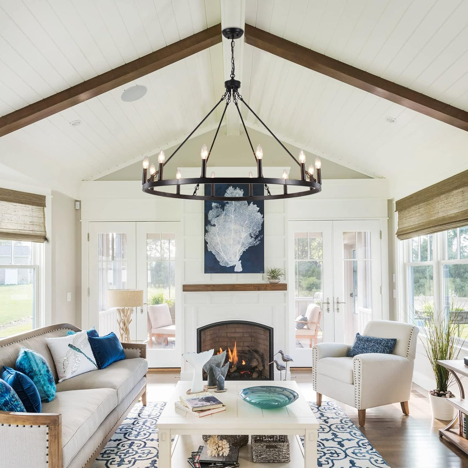 12-Light Black Farmhouse Candle Design Circle Iron Wagon Wheel Chandelier for Dining Room with No Bulbs Included