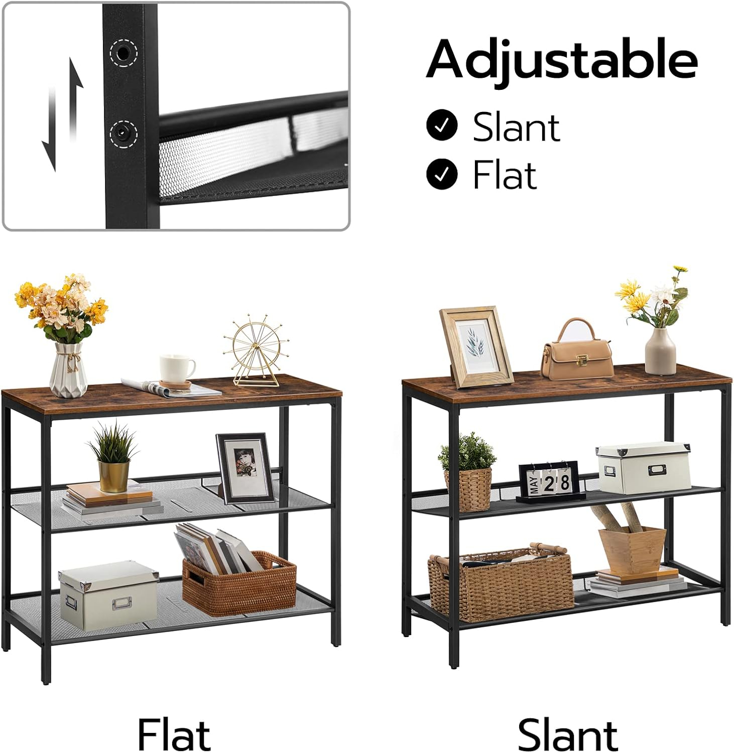 HOOBRO Console Table, Sofa Table with 2 Flat or Slant Adjustable Mesh Shelves, Hallway Table and Sideboard in Entryway, Living Room Corridor, Easy Assembly, Industrial, Rustic Brown and Black BF01XG01