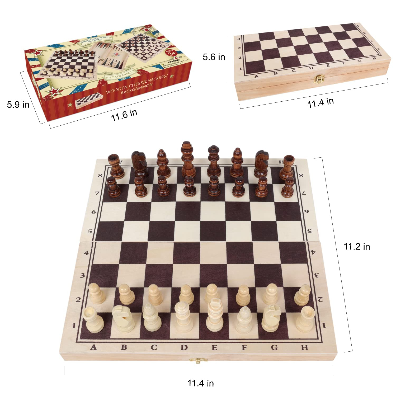 GOTHINK Wooden Chess, Checker, and Backgammon 3 in 1 Board Game Set,Classic Traditional Travel Night Toy and Game Gift Set for Kids Adults Senior Family