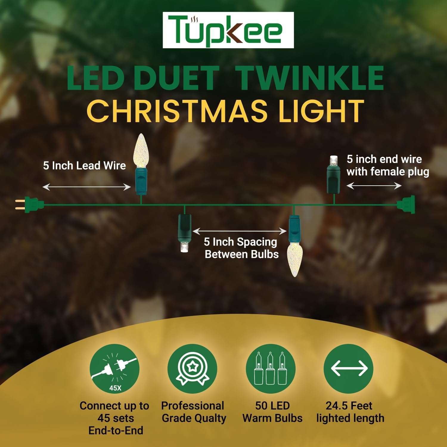 Christmas LED Duet C6/5mm Twinkle Lights  Champagne LED Bulbs - 8 of 50 Lights Twinkle - Professional Grade Indoor Outdoor  24.5 Feet Light String, Christmas Tree Sparkling Twinkling Holiday Decor