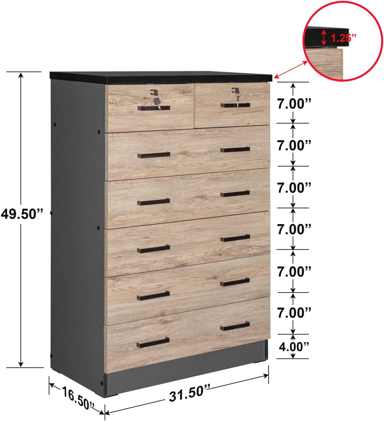 Home Products Cindy 7 Drawer Chest Wooden Dresser with Lock in Gray