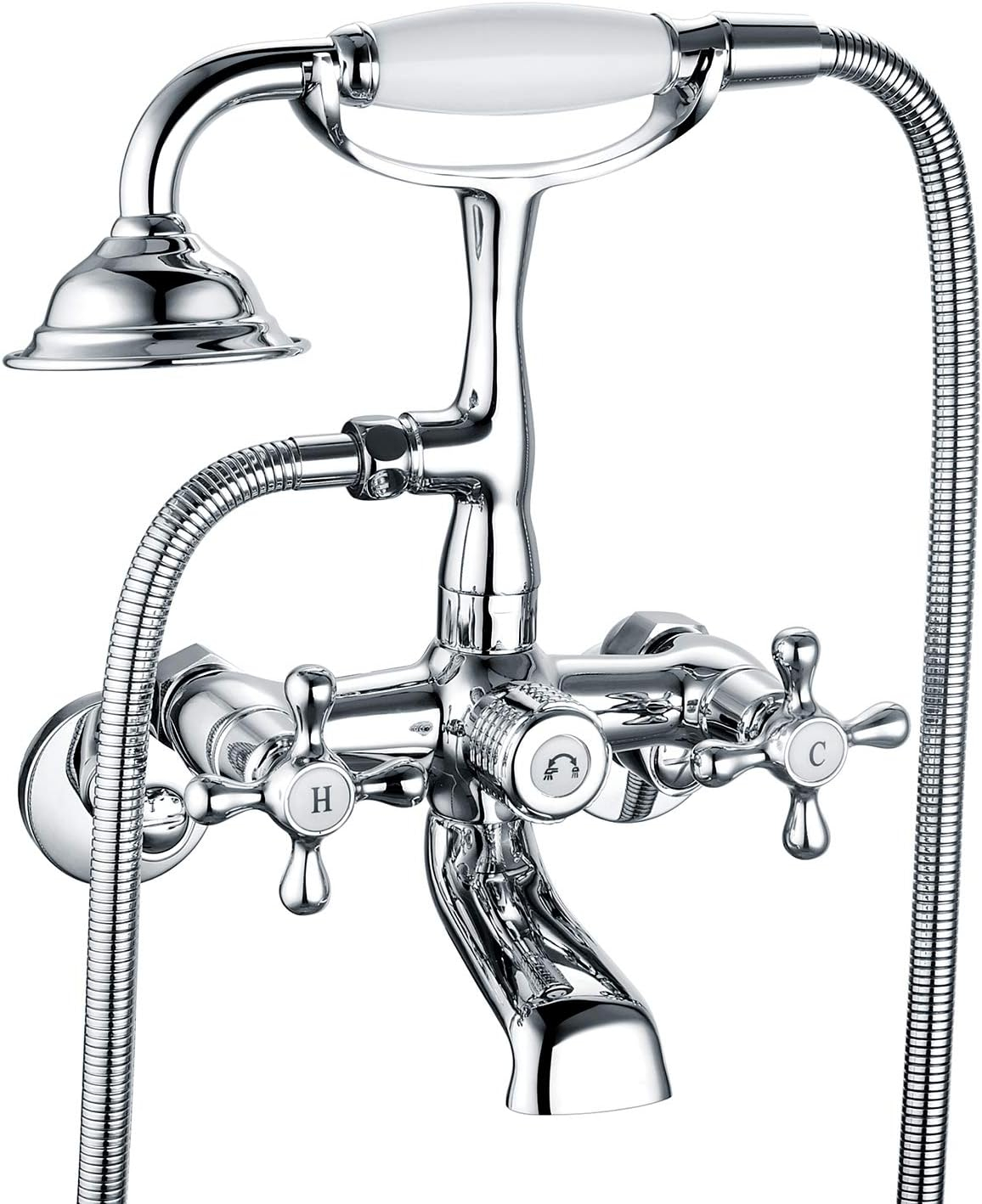 Wasserrhythm Clawfoot Tub Faucet and Shower Kit Chrome Wall Mount Tub Faucet G1/2 Vintage Tub Faucet Victorian Clawfoot Tub Faucet with Hand Shower Set Brass Double Cross Handle