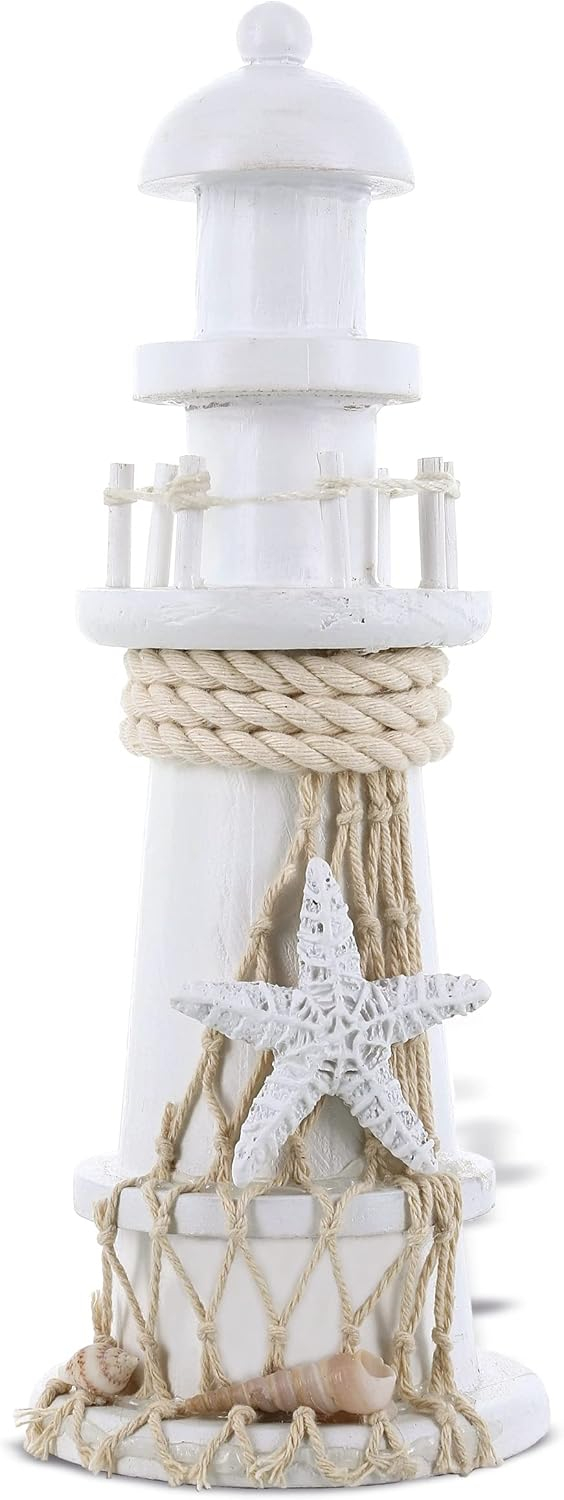 Handcrafted White Wooden Lighthouse Figurine with Starfish Decor