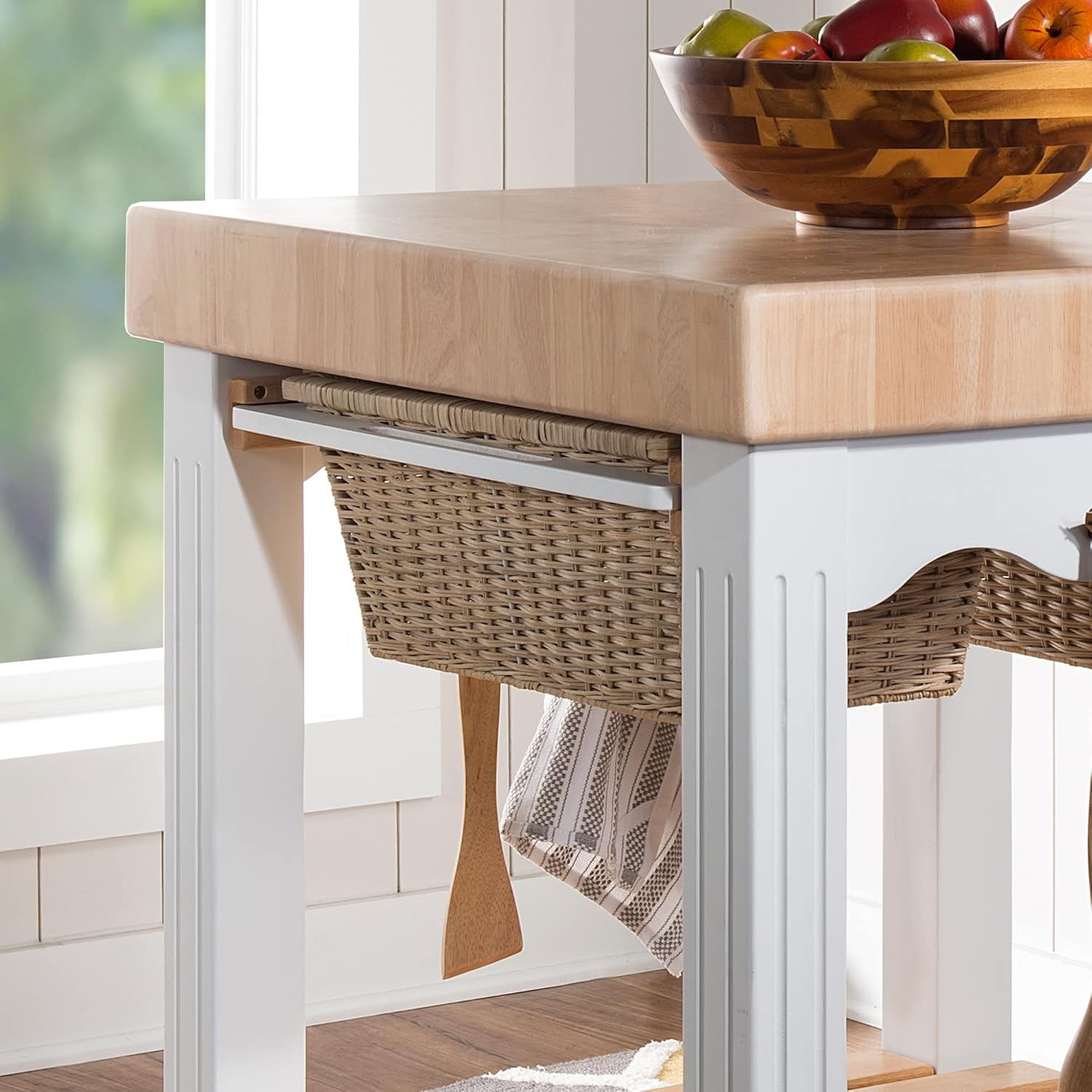 Linon Kolton Butcher Block Kitchen Island with 2 Baskets in White/Natural Wood