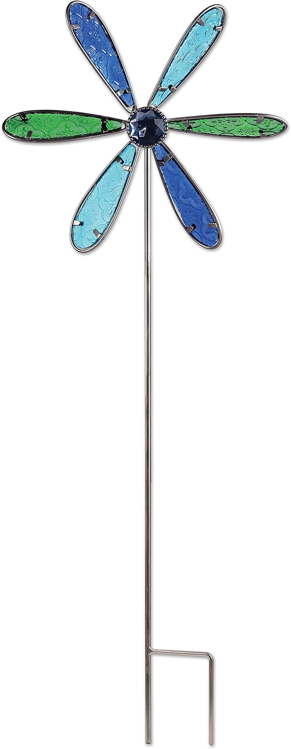 Colorful Blue Green Glass and Metal Garden Wind Spinner Stake