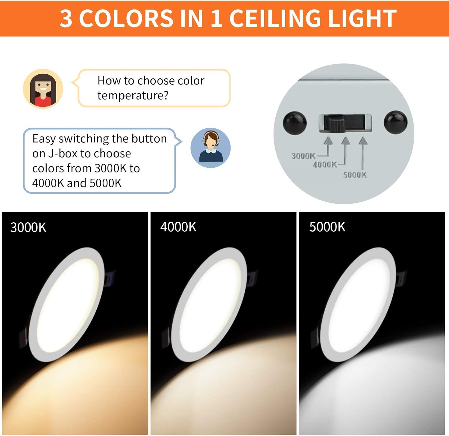 Meconard 4 Pack 4 Inch LED Recessed Ceiling Light with Junction Box, 3000K/4000K/5000K Selectable, 9W=75W 750LM, Dimmable Canless Downlights, ETL and Energy Star Listed