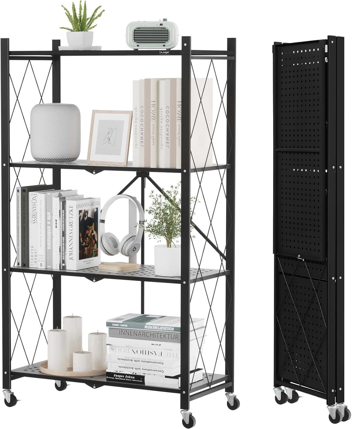 3-Tier Storage Shelves with Wheels, Folding Bookshelf No Assembly, Metal Display Shelf for Balcony, Kitchen, Basement, Pantry, White