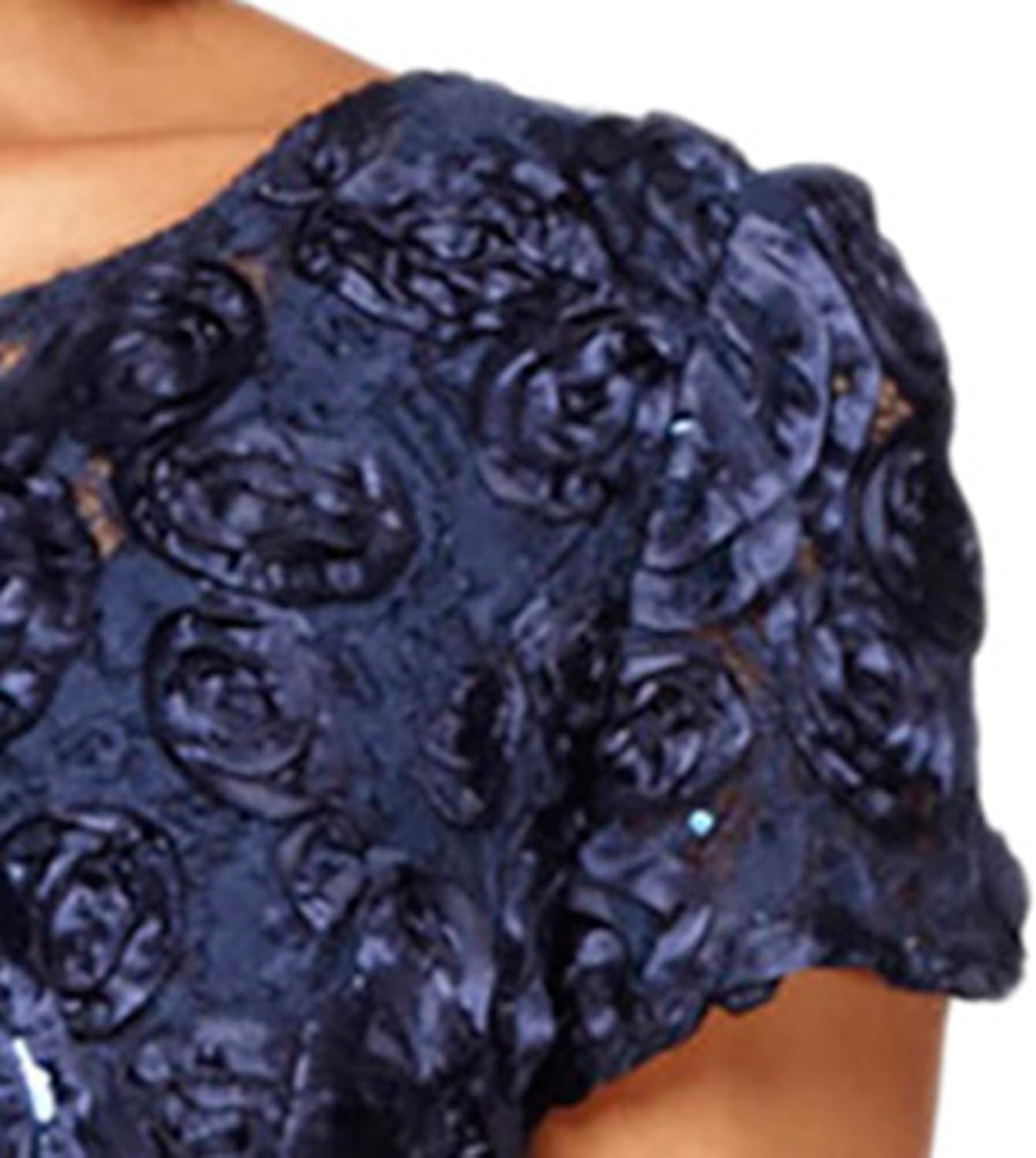 Navy Floral Lace Sequin Maxi Evening Dress with Short Sleeves