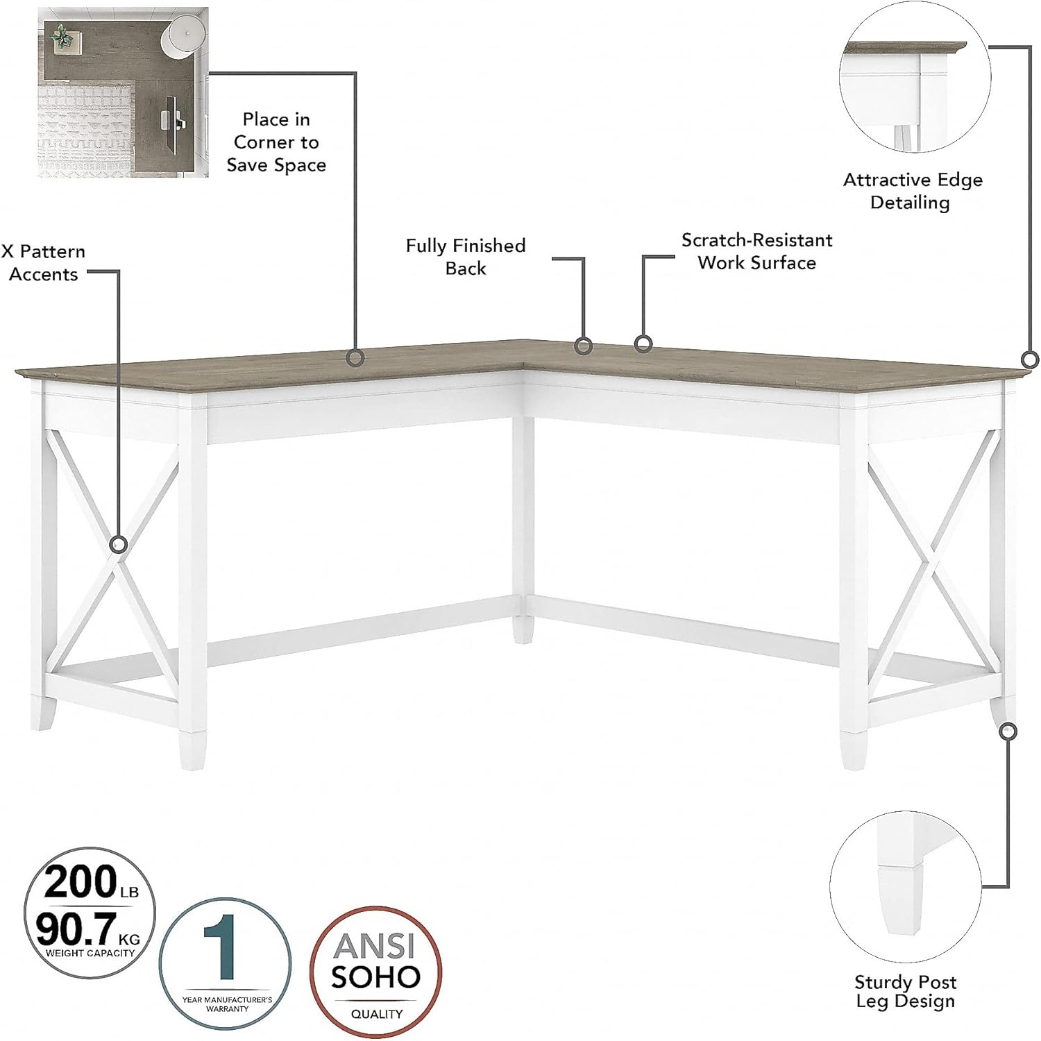 Pure White Engineered Wood L-Shaped Desk with Mobile File Cabinet