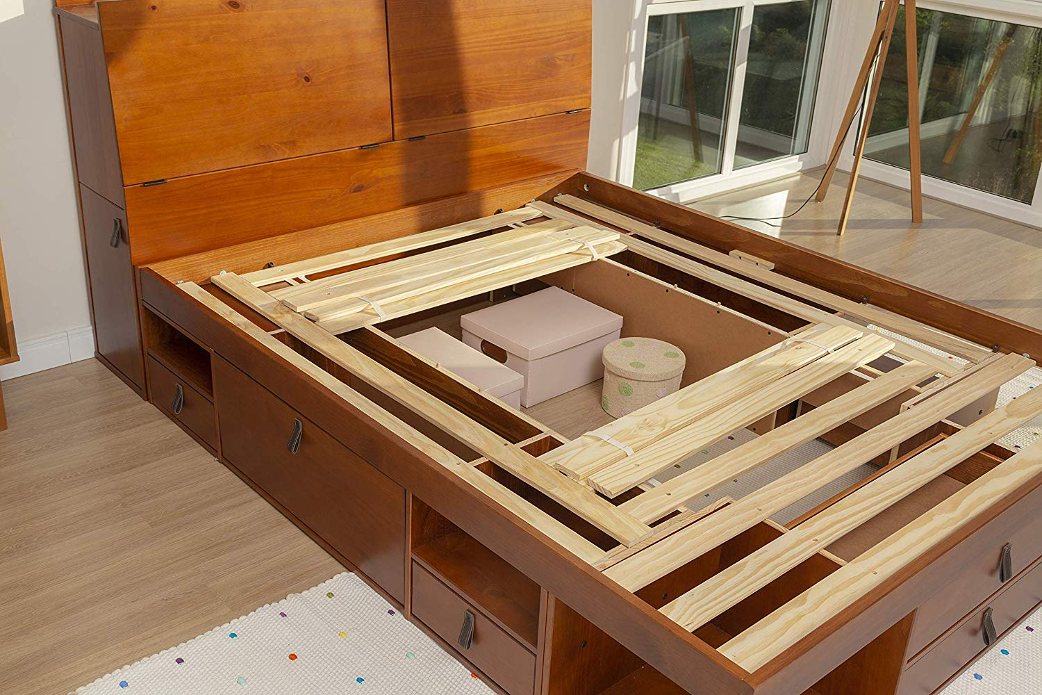 Memomad Bali Storage Platform Sturdy Modern Bed Frame with Drawers & More (Full Size, Caramel Brown Wood)