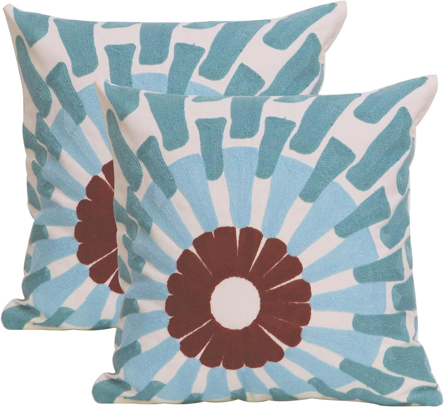 2 PCS Embroidered Throw Pillow Cover Cotton Decorative Square Cushion Cases for Home Sofa Bed and Chair 18 x 18 Inch (Blue Flower-2)