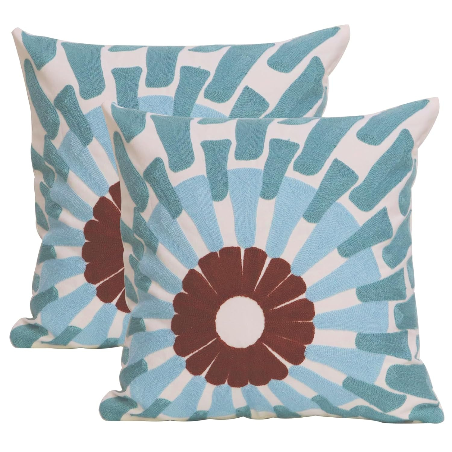 2 PCS Embroidered Throw Pillow Cover Cotton Decorative Square Cushion Cases for Home Sofa Bed and Chair 18 x 18 Inch (Blue Flower-2)