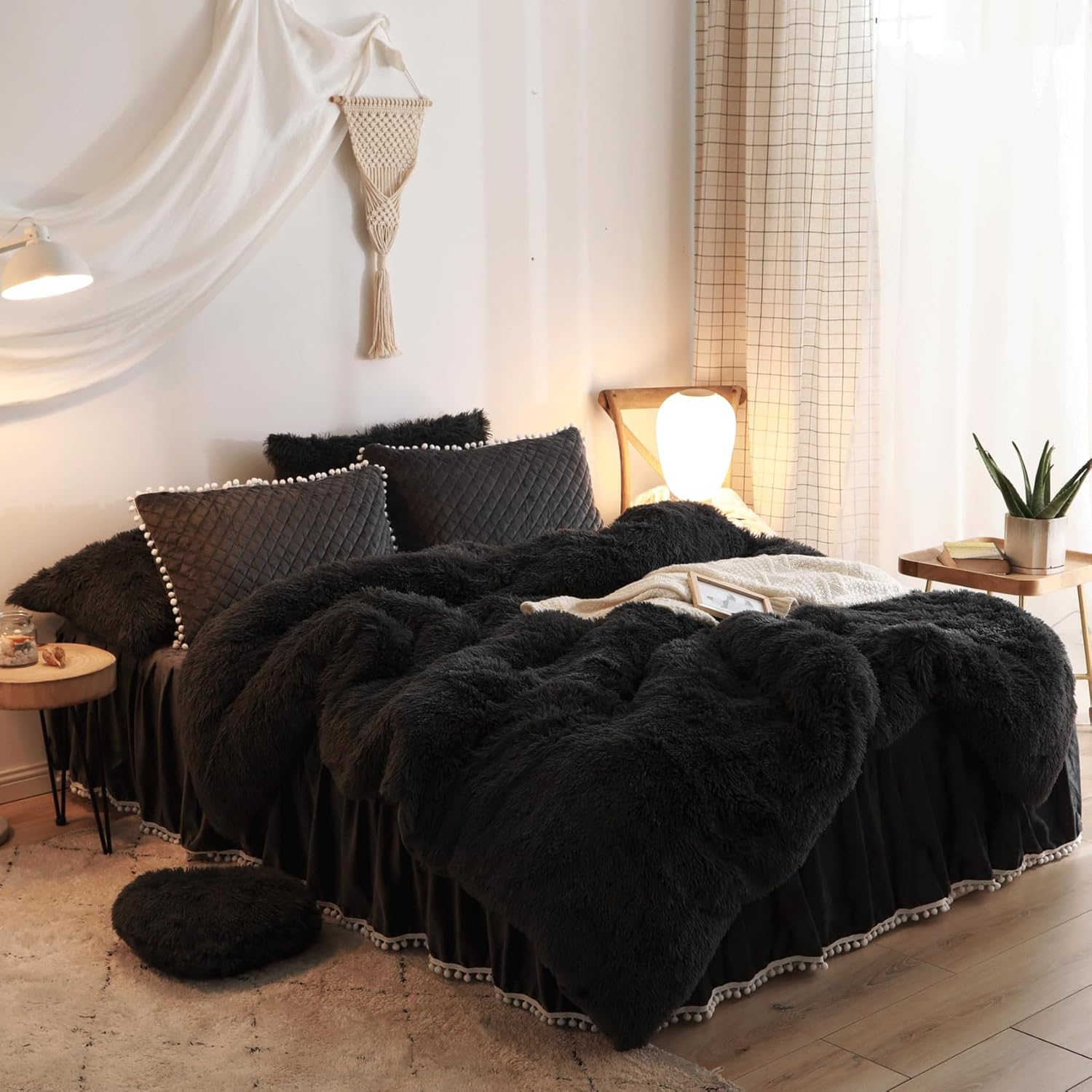 Plush Black Comforter Cover Queen Set, Soft Faux Fur Fluffy Black Bedding Queen Set 3 Pieces (1 Fuzzy Duvet Cover + 2 Furry Pillow Cases) Shaggy Bed Set, Zipper Closure