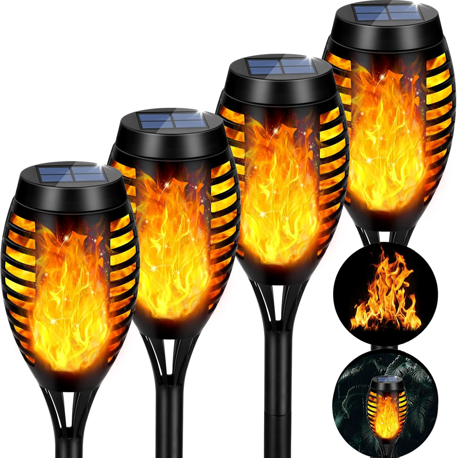 Black Solar LED Tiki Torches with Flickering Flame, 4-Pack