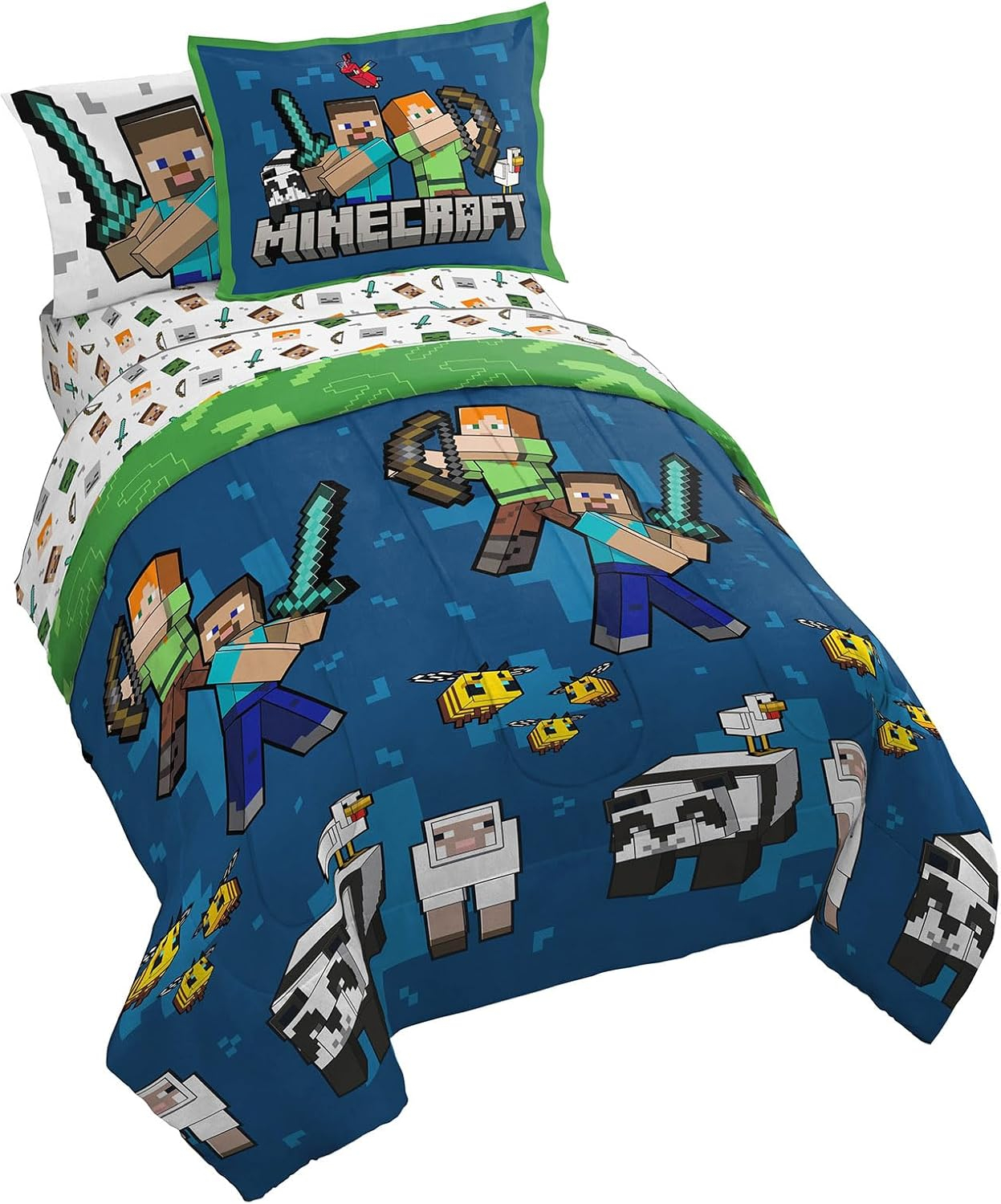Minecraft Battle Time Blue & Green 5 Piece Twin Bed Set w/ Sham, 100% Microfiber