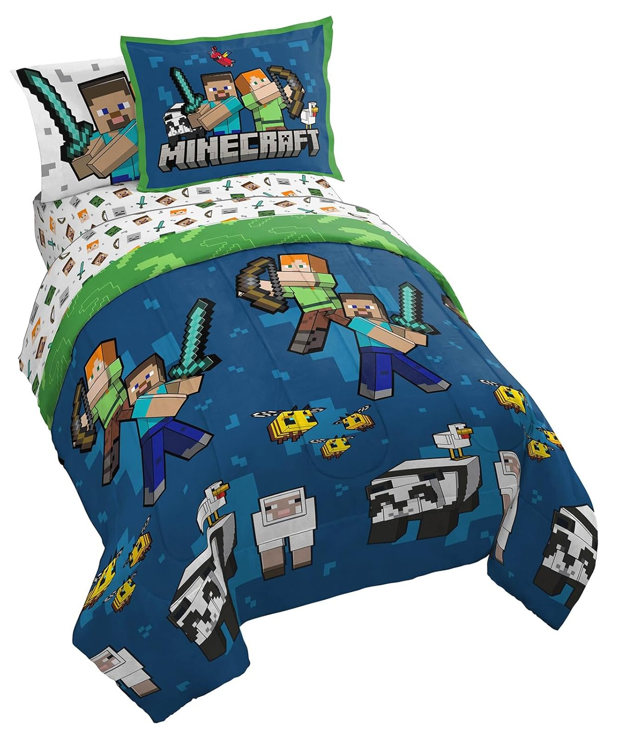 Minecraft Battle Time Blue & Green 5 Piece Twin Bed Set w/ Sham, 100% Microfiber