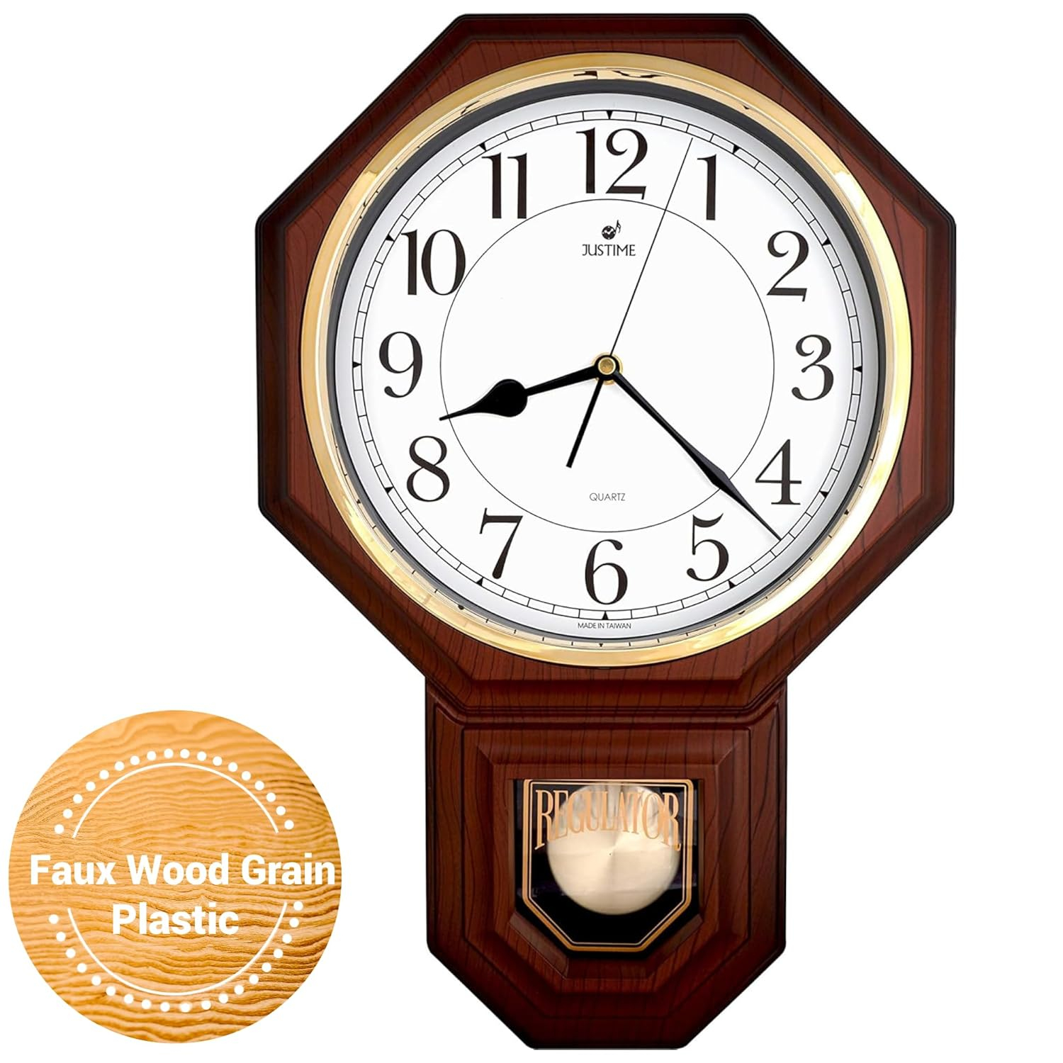 JUSTIME Traditional Schoolhouse Classic Vintage Arabic Regulator Wall Clock, Chiming Wall Clocks with Pendulum & Westminster Chime Hourly, Schoolhouse Wall Decor Battery Operated (Dark Wood Grain)