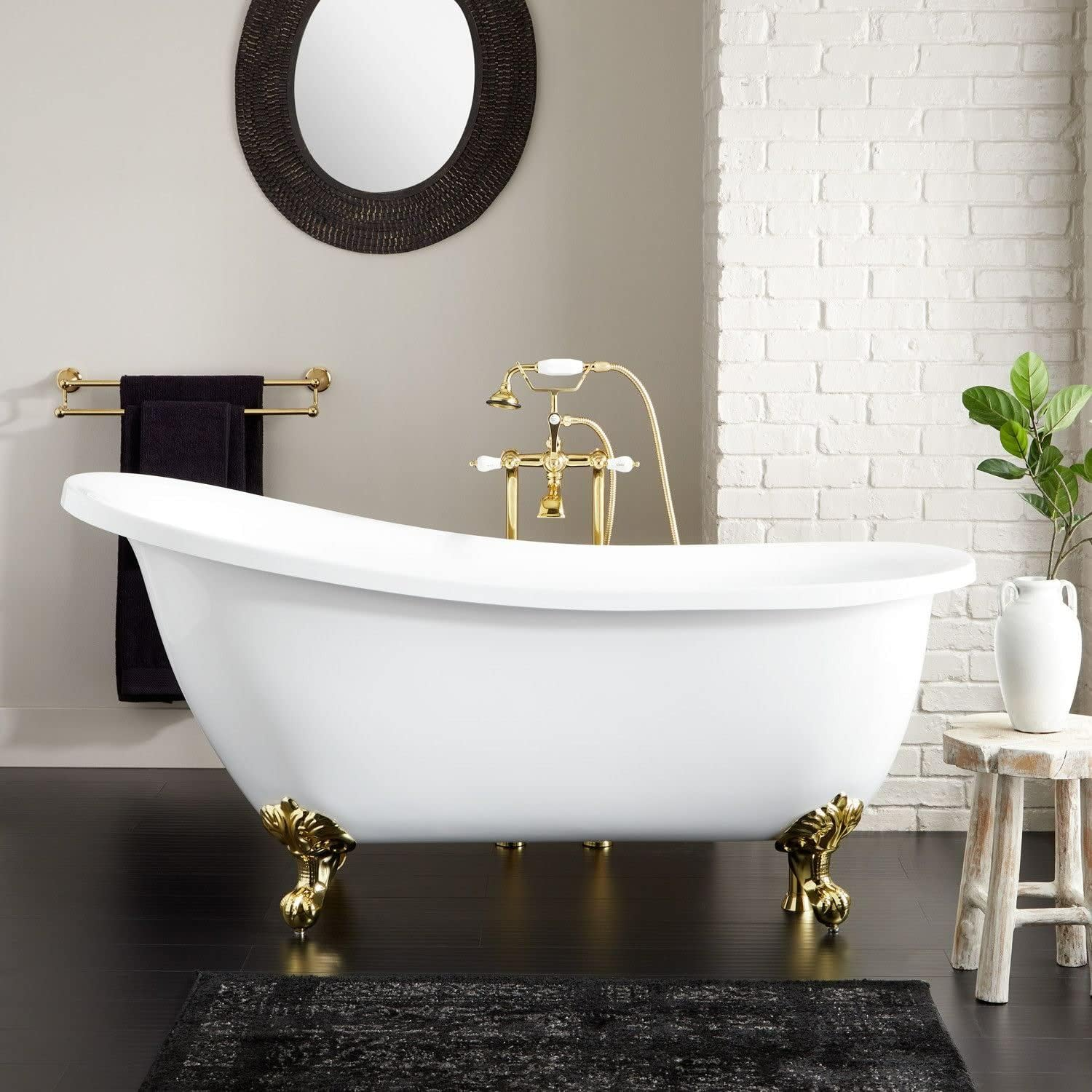 Signature Hardware 480113 Ultra 67" Acrylic Slipper Clawfoot Tub with Integrated Overflow, Rolled Rim and Imperial Feet - Less Drain Assembly - White/Polished Brass Feet