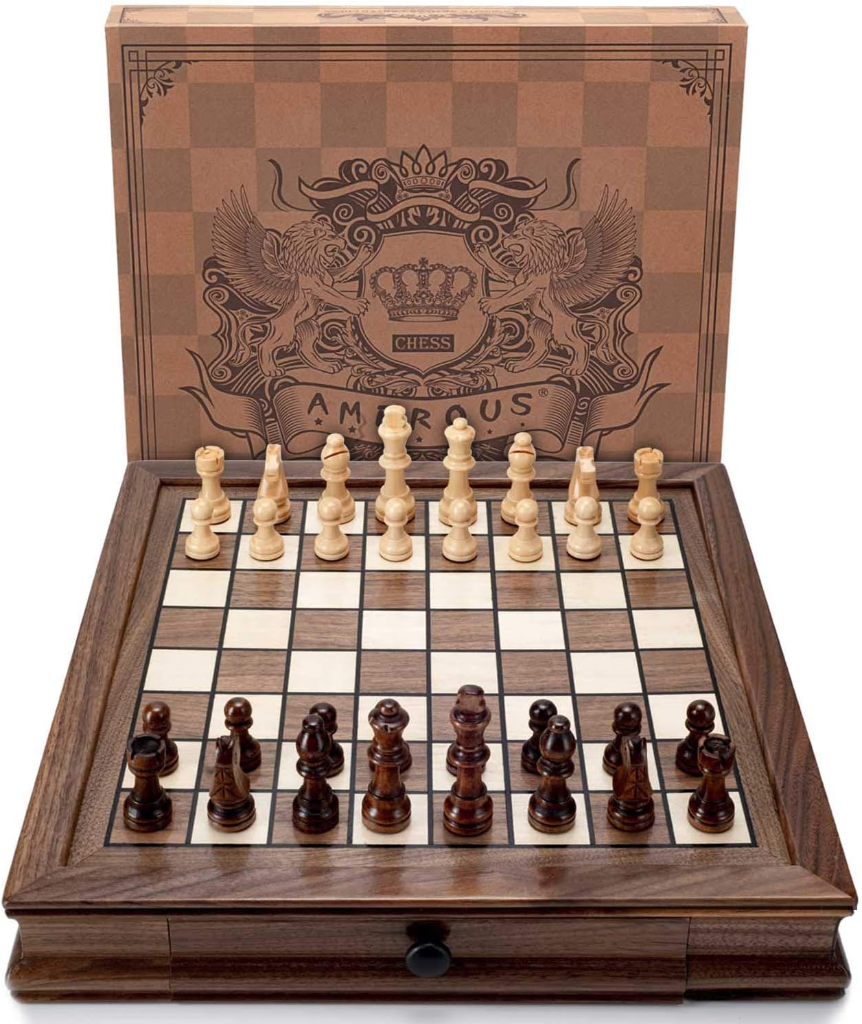 AMEROUS Magnetic Wooden Chess Set, 12.8" x 12.8" Walnut Chess Board Game with 2 Built-in Storage Drawers - 2 Bonus Extra Queens - Chess for Beginner, Kids and Adults, Gift Packaging