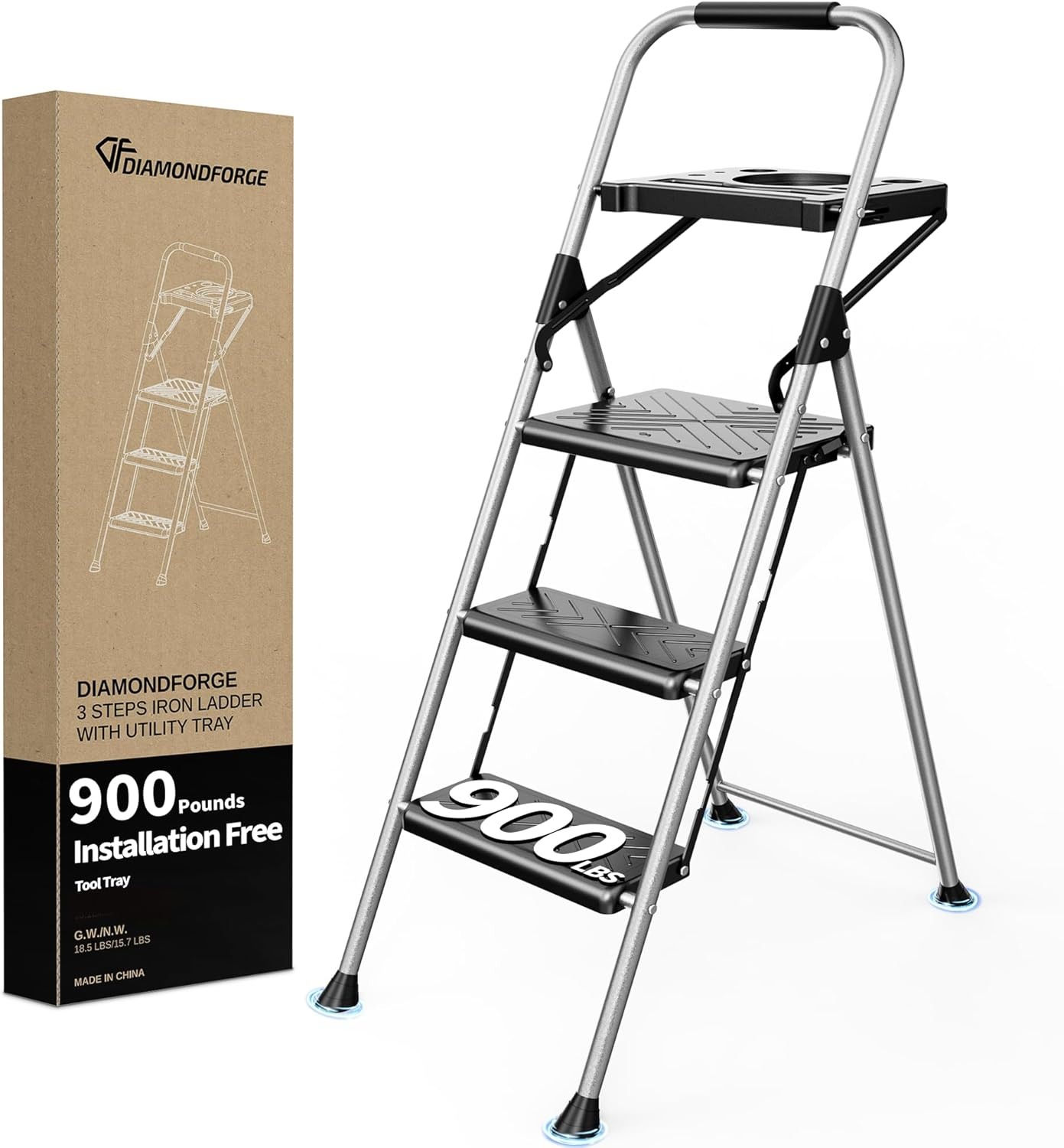 3 Step Ladder,DIAMONDFORGE Folding Step Stool with Tool Platform,Wide Anti-Slip Pedal and Anti-Slip Feet,Sturdiest Steel Construction,900lbs Capacity Steel Ladder for Home Office,Grey