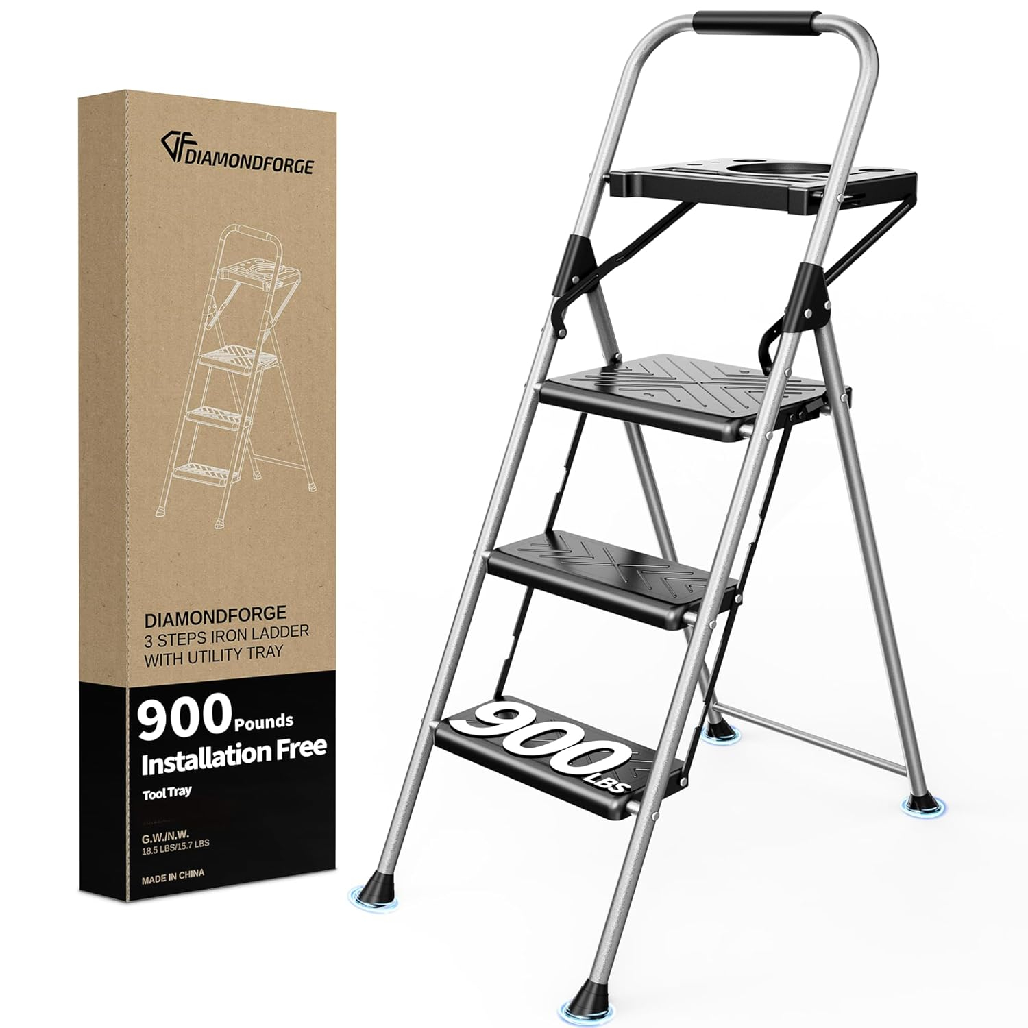 3 Step Ladder,DIAMONDFORGE Folding Step Stool with Tool Platform,Wide Anti-Slip Pedal and Anti-Slip Feet,Sturdiest Steel Construction,900lbs Capacity Steel Ladder for Home Office,Grey