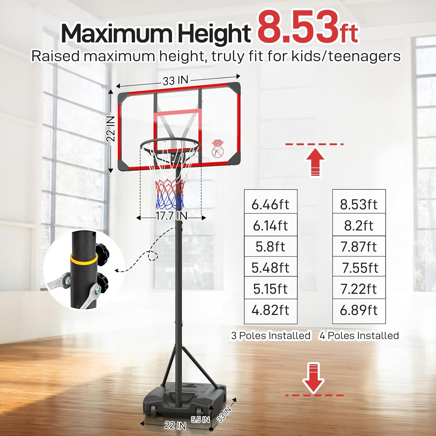 Kids Basketball Hoop Outdoor 4.82-8.53ft Adjustable, Portable Basketball Hoops & Goals for Kids/Teenagers/Youth in Backyard/Driveway/Indoor, with Enlarged Base and PC Backboard