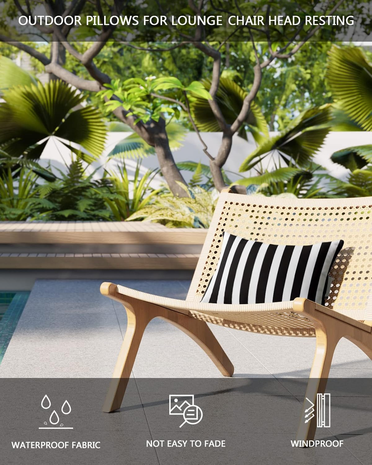 T&H XHome Outdoor Pillow for Chaise Lounge Chair, Black and White Stripe Waterproof Headrest Pillow Lumbar Pillows with Insert & Adjustable Elastic Strap for Beach, Poolside, Patio, Office (2 Pack)