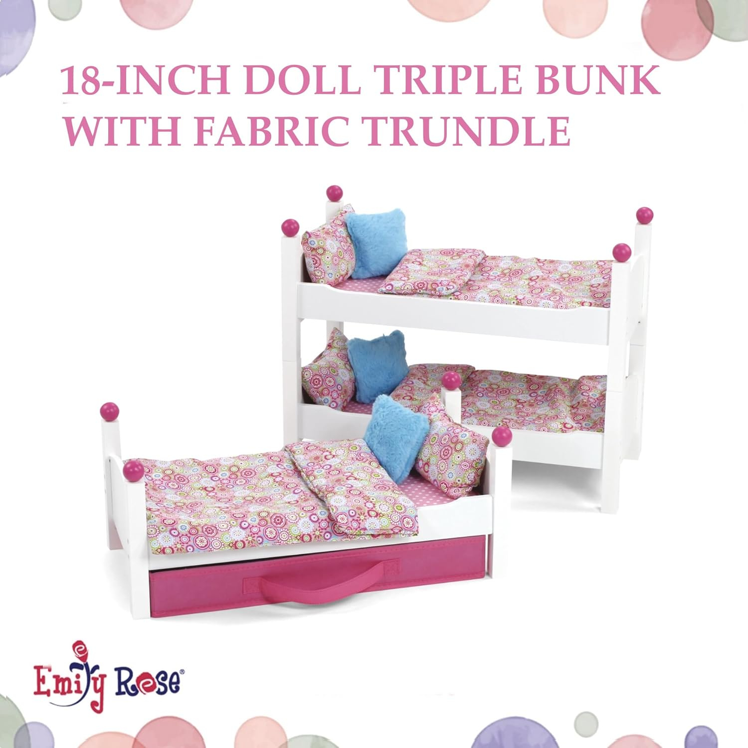Emily Rose 18 Inch Doll Clothes Bunk - 18" Doll Stackable Triple Bunkbed Gift Set  | 18" Doll Bed with Doll Clothing Storage Drawer and 3 - 4 PC Doll Bedding Accessory Sets | Fits American Girl Dolls
