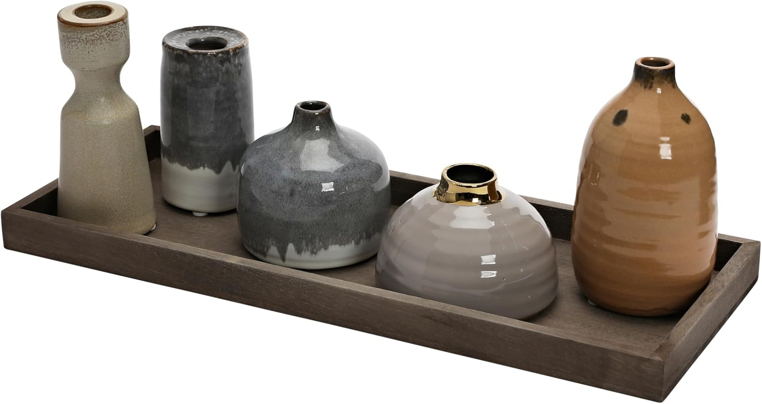 Creative Co-Op Stoneware Vase Ensemble on a Mango Wood Tray, Set of 5