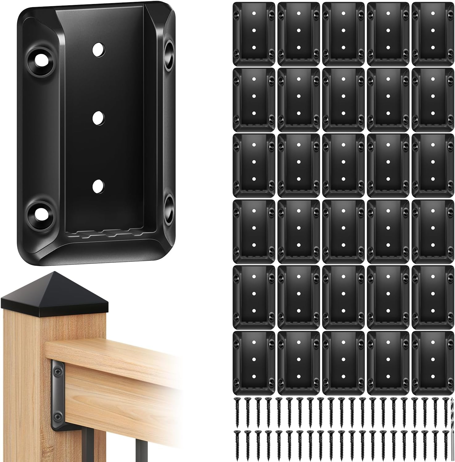 30 Pcs Deck Railing Bracket Connectors for 2"×4“ (Actually 1.5”x3.5“) Wood Post to Handrail Connection, Railing Connectors with 210 Pcs Galvanized Black Screws for Wooden Stair Fence Railings