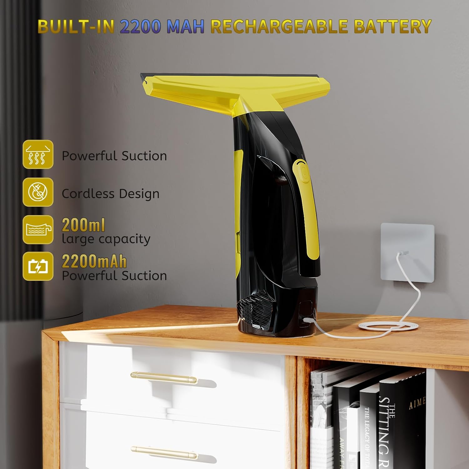 Cordless Black and Yellow Rubber Blade Window Vacuum Squeegee