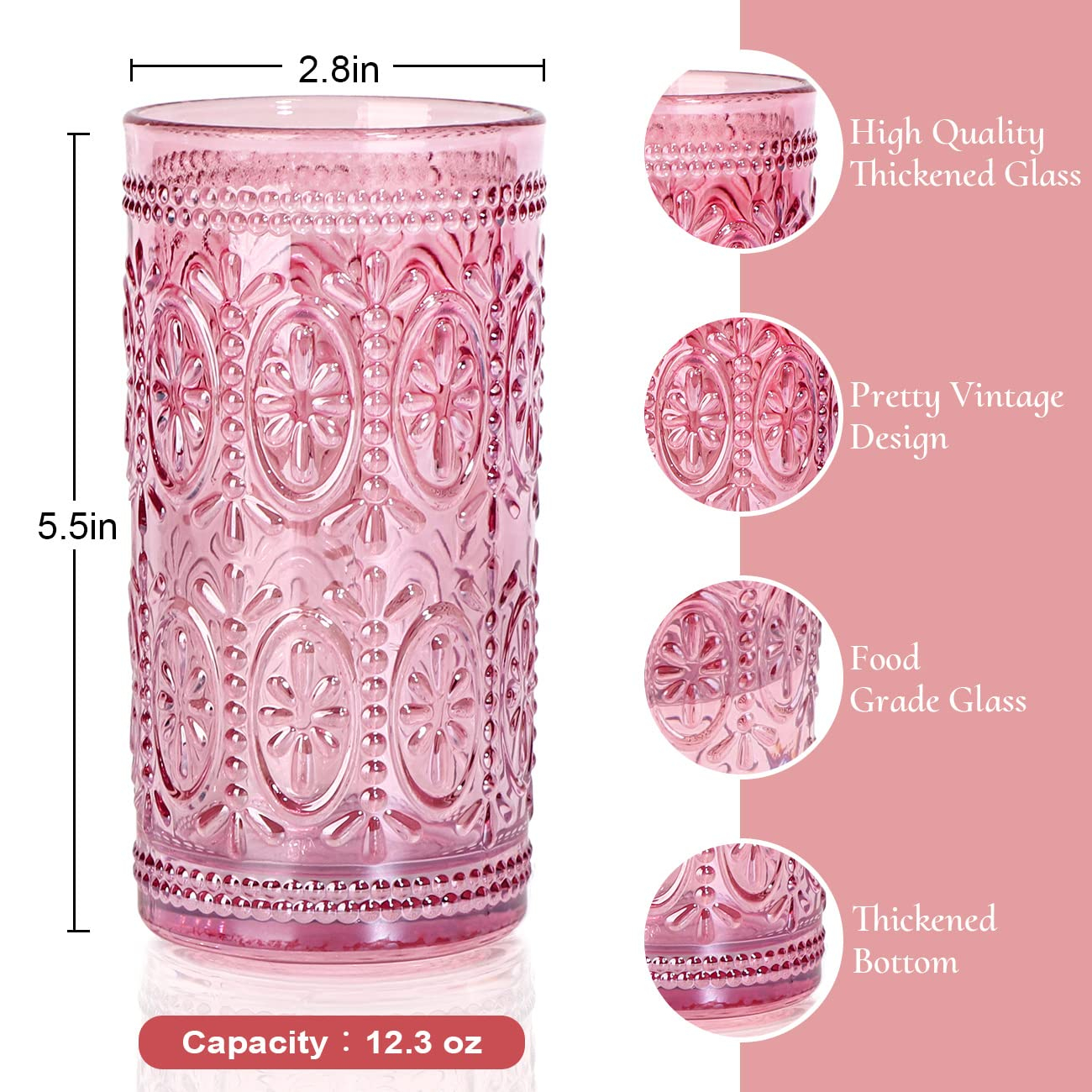 Drinking Highball Beverage Glass Cup, Vintage Drinking Glasses, Colored Glassware Set for Party Wedding Home Office Gift, Set of 4 ,Pink