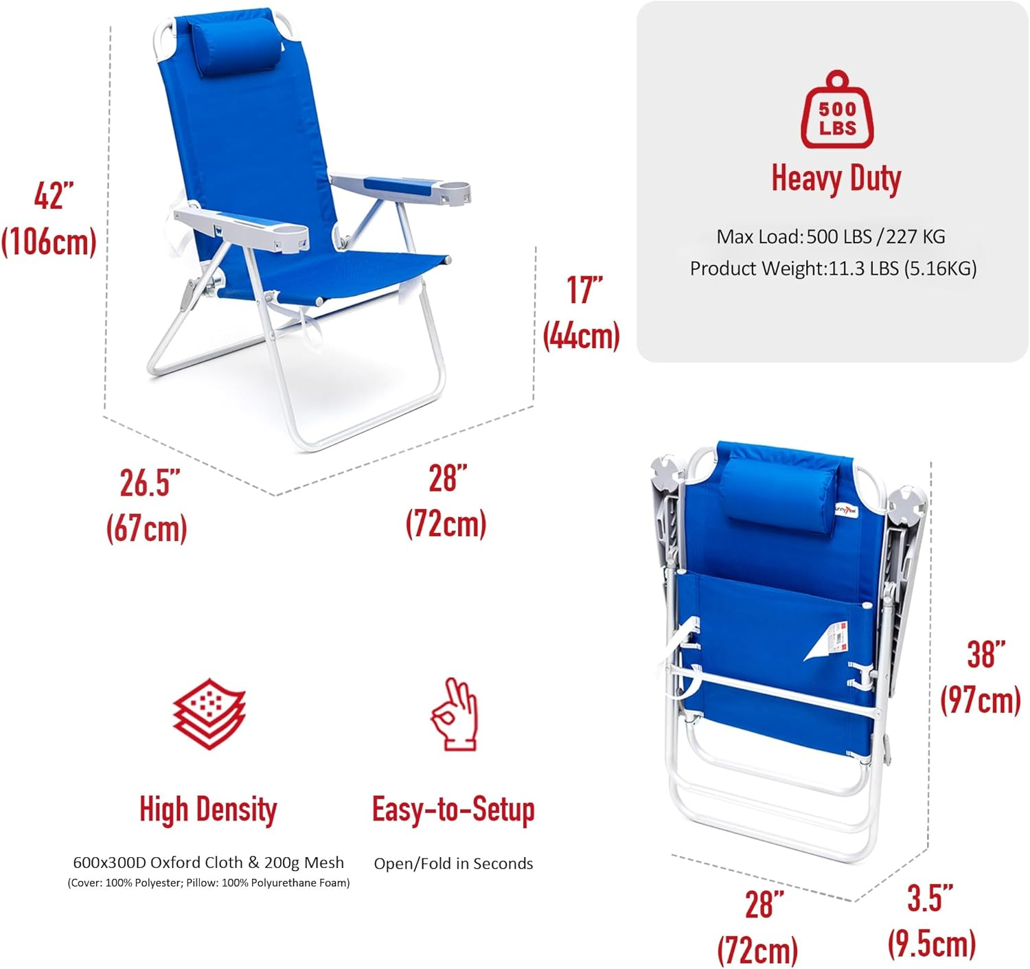 SUNNYFEEL Oversized Tall Folding Beach Chair Lightweight, 17" Portable Sand Chair for Adults Heavy Duty 500 LBS with Cup Holders, Foldable High Camping Lawn Chairs for Camp/Outdoor/Picnic/Sports