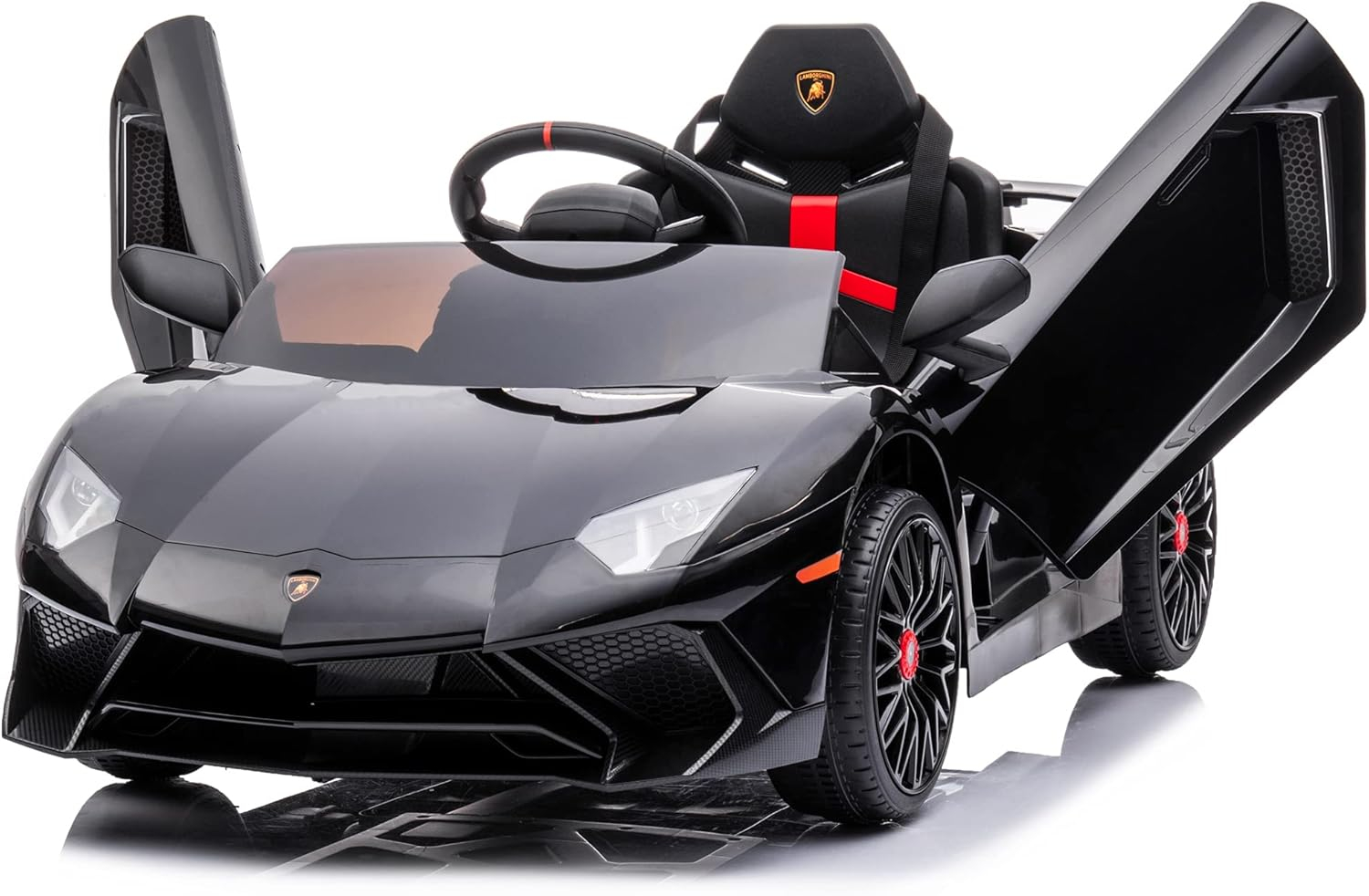 Kidzone Kids Electric Ride On 12V Licensed Lamborghini Aventador SV Battery Powered Sports Car Toy W/ 2 Speeds, Parent Control, Sound System, LED Headlights & Hydraulic Doors, Black