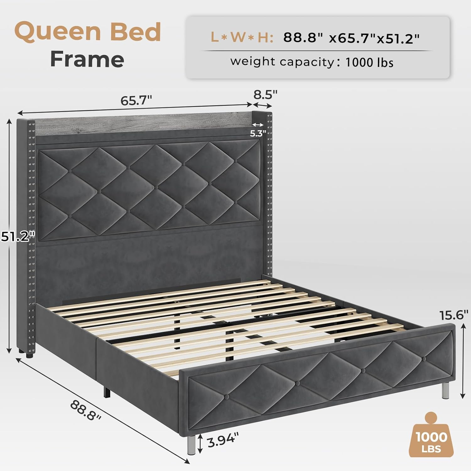 AOGLLATI Queen Bed Frame with Tall Storage Headboard,Charging Station,Upholstered Led Bed Frame Queen Size with Wooden Slats Support, No Box Spring Needed, Dark Gray