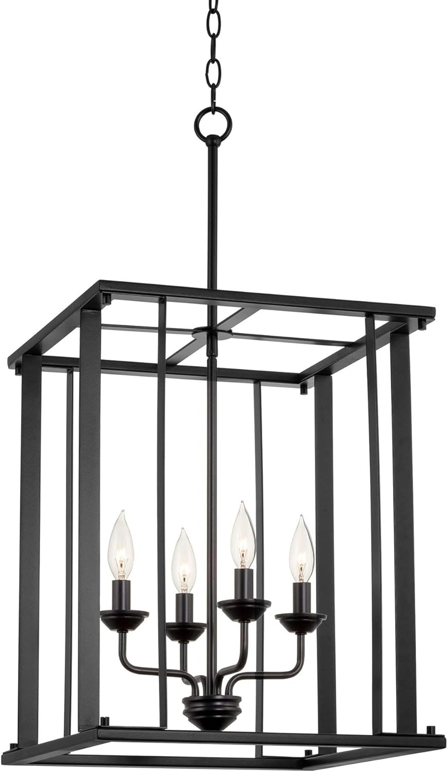 Kira Home Samson 32 " Farmhouse Lantern Cage Pendant Light, Open Frame Design, Adjustable Foyer Chandelier, Black