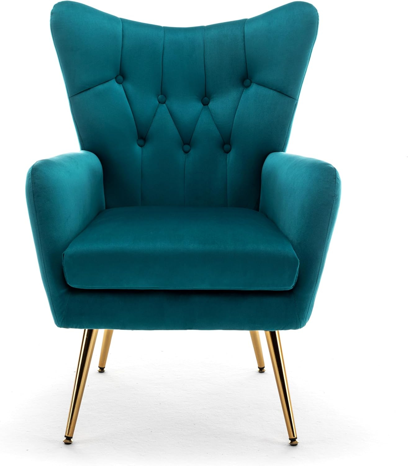 Modern Chic Mid-Century Velvet Accent Armchair for Living Room, Bedroom, or Home Office, Button-Tufted Wingback Design with Gold Flared Legs, Dark Teal