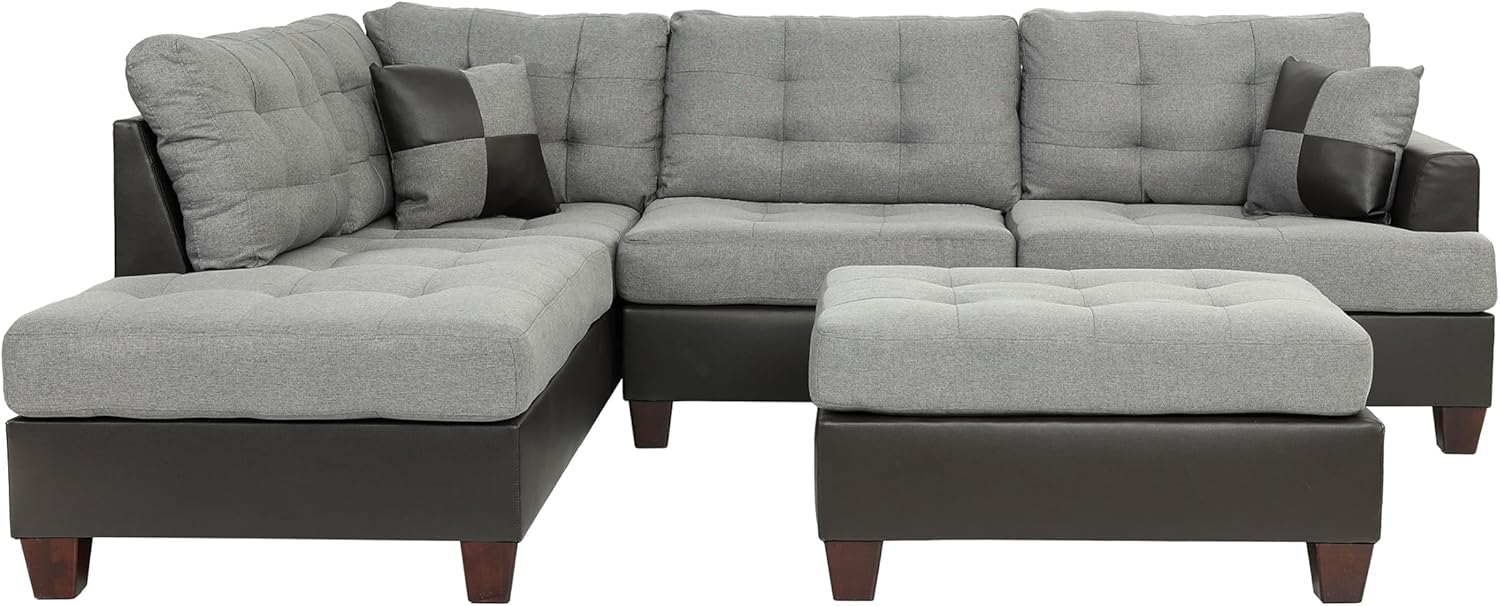 Gray Tufted Faux Leather Three Piece Sectional Sofa with Ottoman