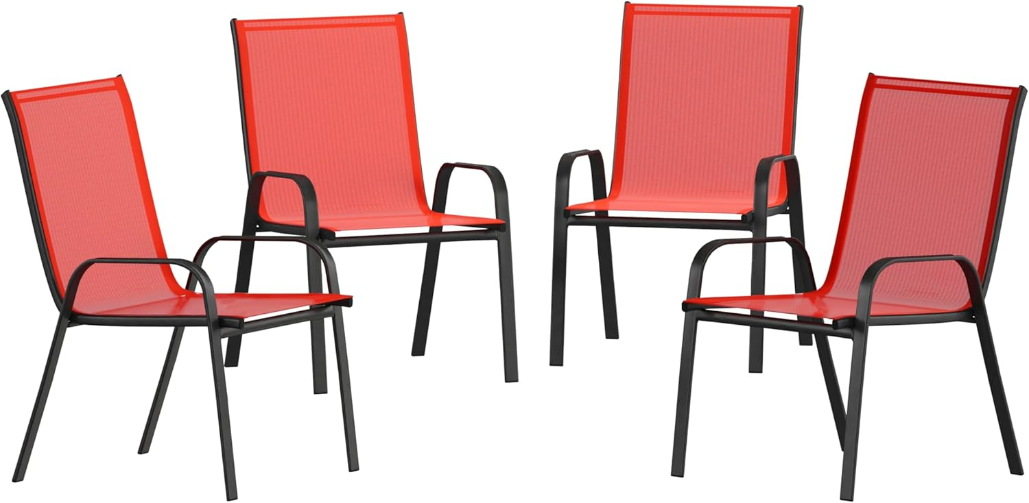 Flash Furniture Brazos Metal Patio Stack Chair in Red (Set of 4)