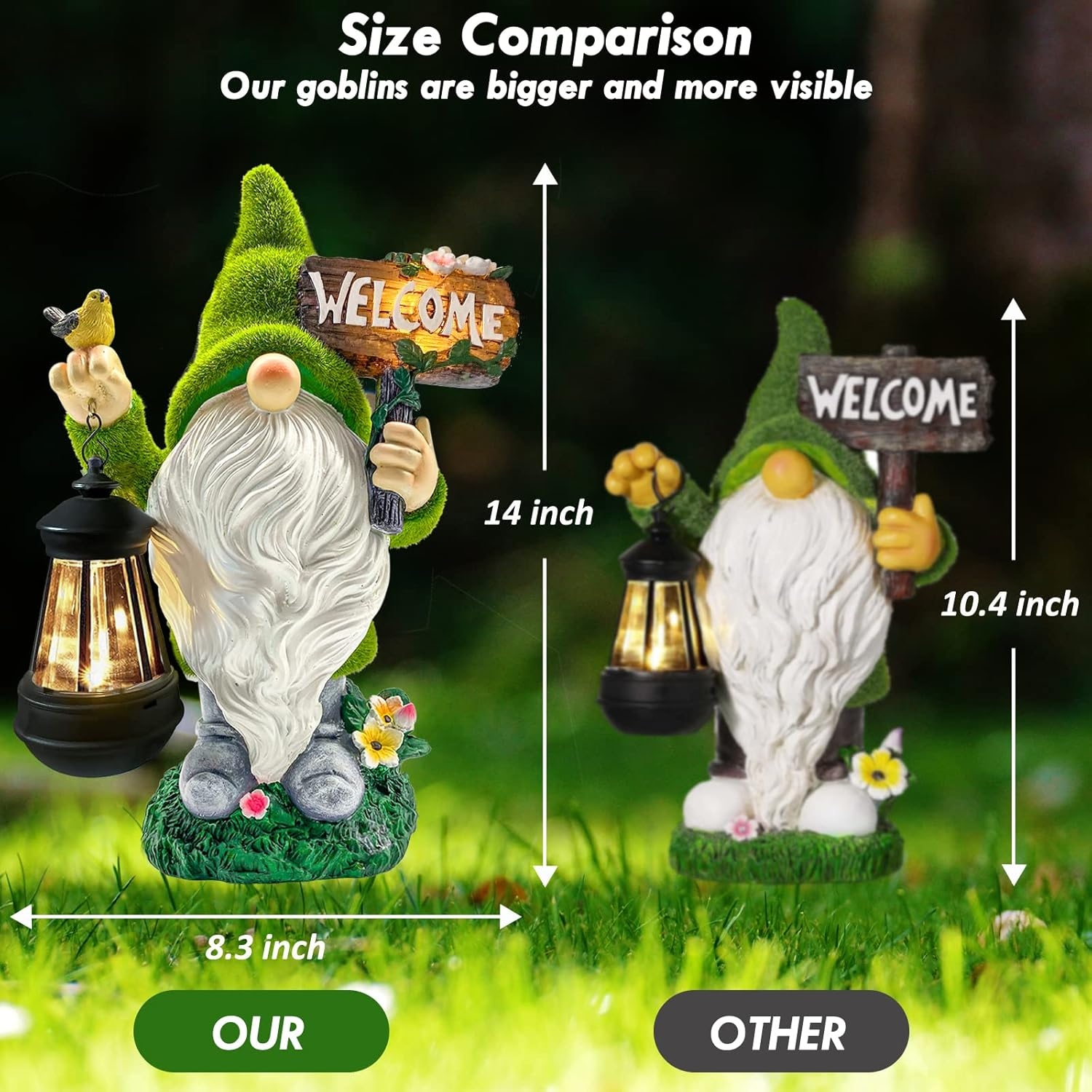 Outdoor Decor Large Flocked Resin Gnome Statue with Solar Lights and Lanterns Welcome Sign Garden Yard Decoration