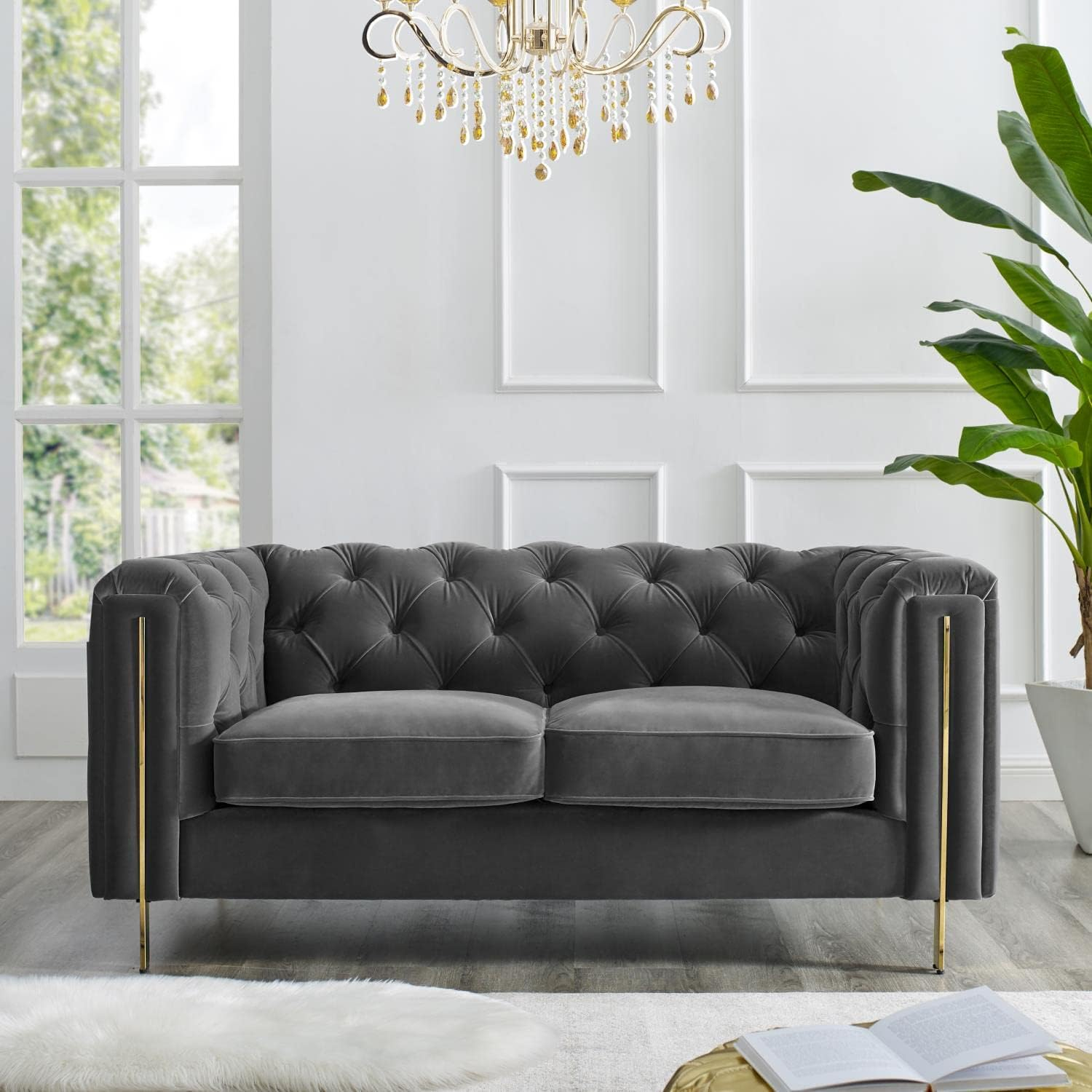 Charlene Gray Velvet Button Tufted Loveseat