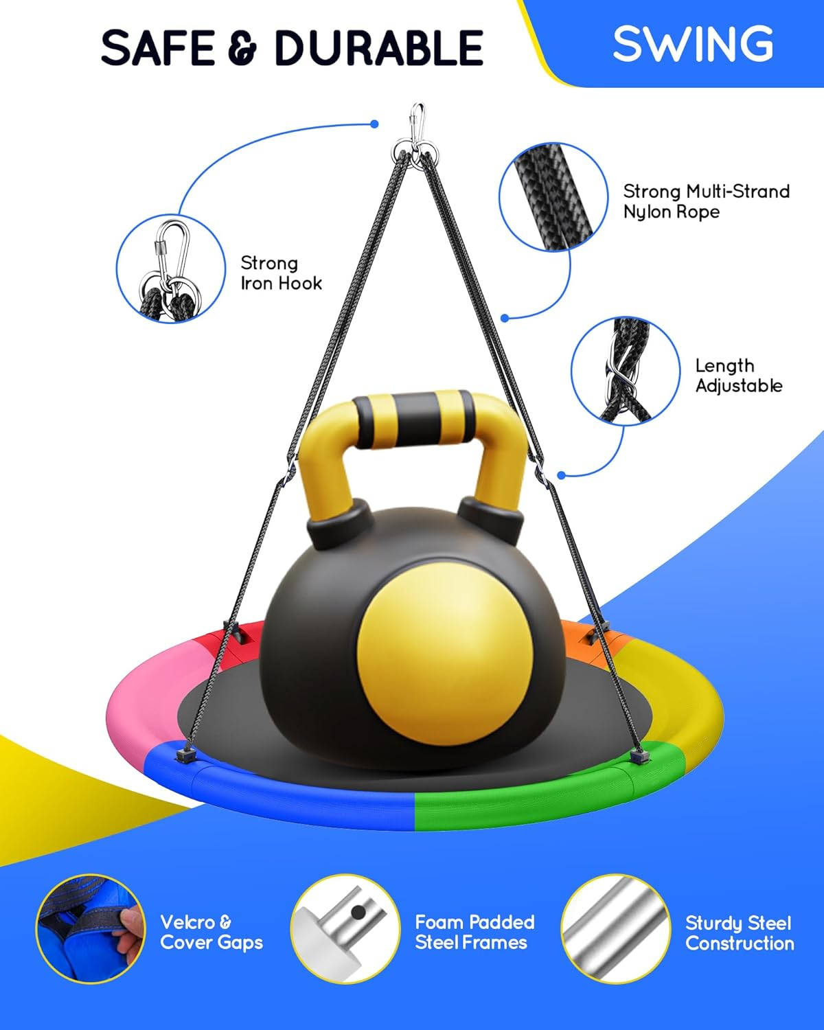 43" Multicolor Waterproof Saucer Tree Swing with Adjustable Straps
